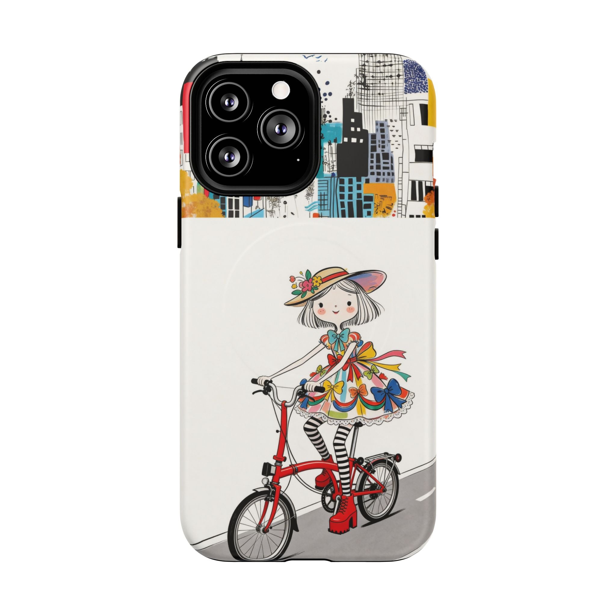 Whimsical Girl on Brompton Bicycle Urban Illustration MagSafe iPhone Case