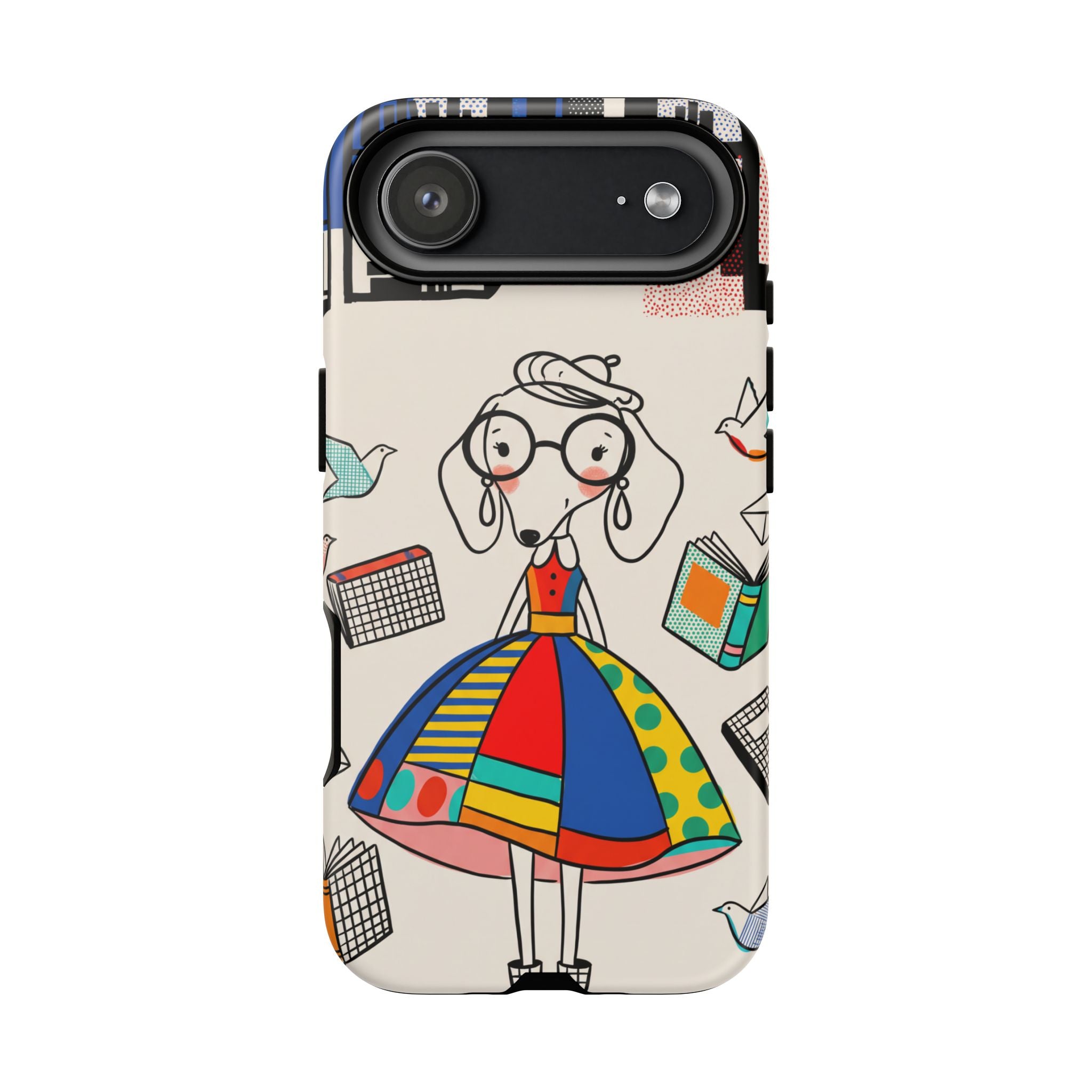 Cute Dachshund Dog Illustration iPhone Case | Colorful Whimsical Book & Bird Design