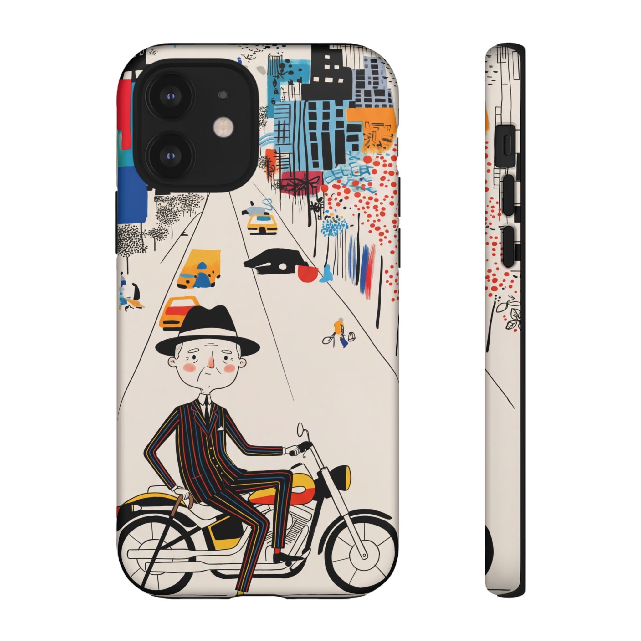 Vintage Grandpa Rider Motorcycle iPhone Case | Illustrated Cityscape