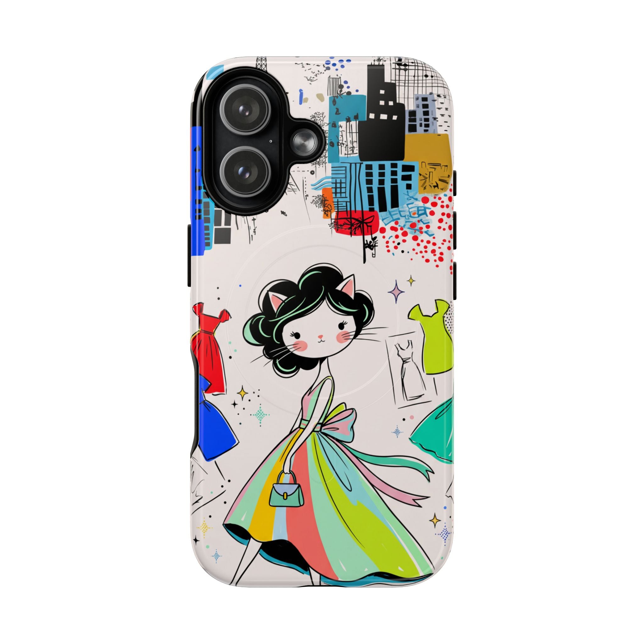 Retro Fashion Cat Girl MagSafe iPhone Case | Cute Dress & City Print