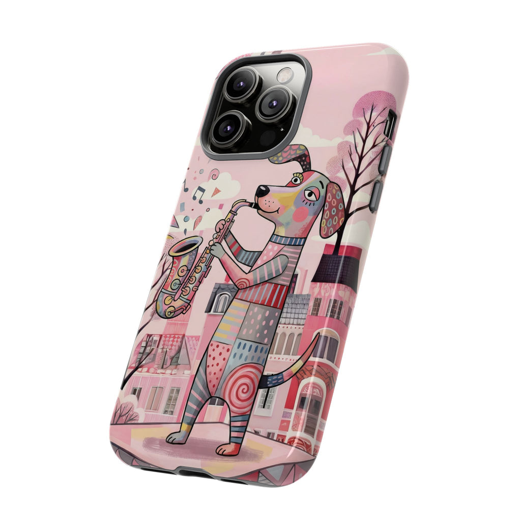 Saxophone Dog iPhone Case | Cute Pink Musical Art Protective Case