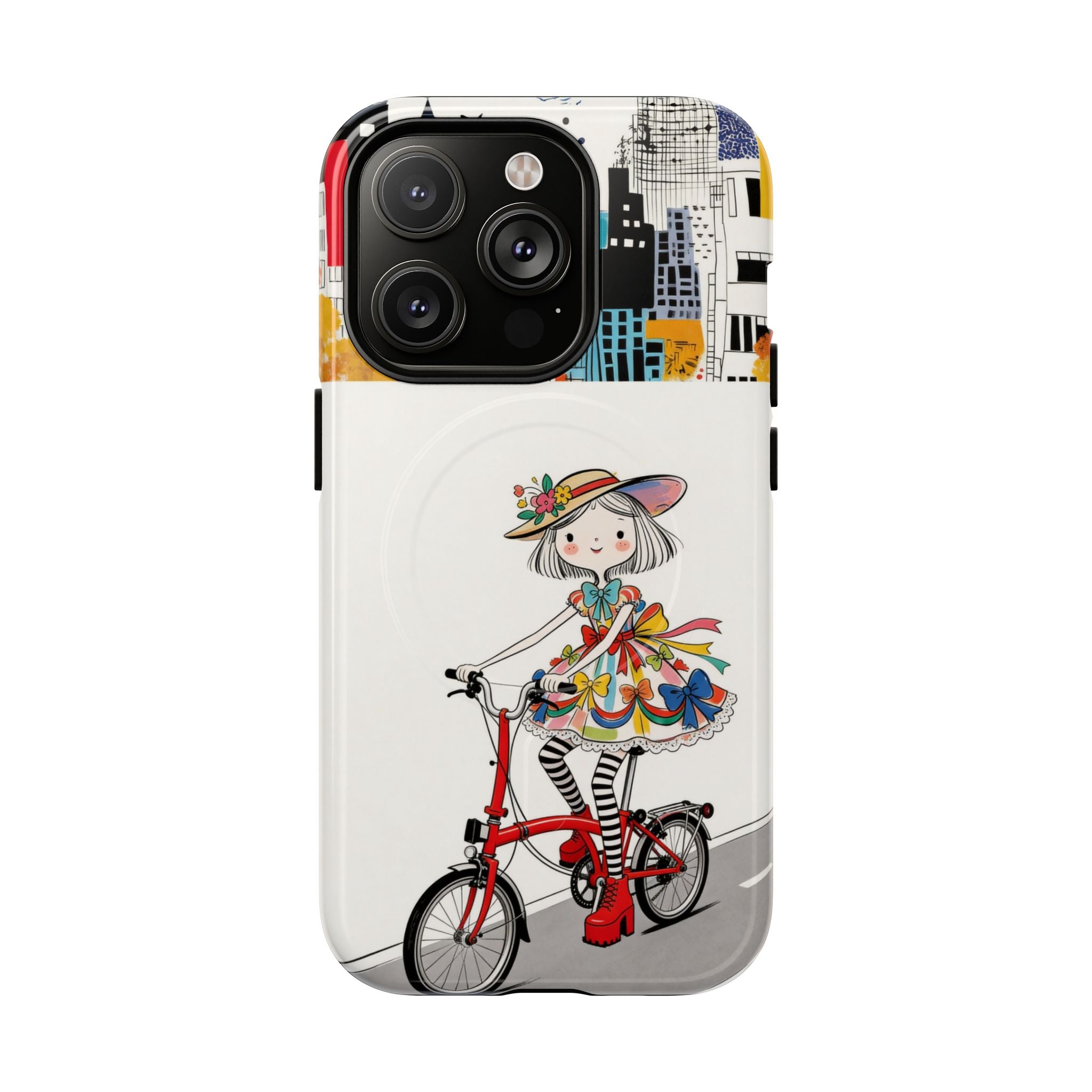 Whimsical Girl on Brompton Bicycle Urban Illustration MagSafe iPhone Case