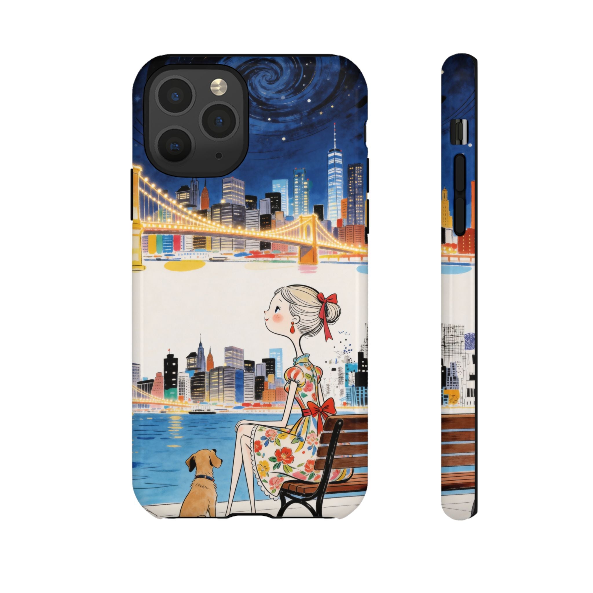 City Night iPhone Case | Cute Girl & Dog Bench Illustration
