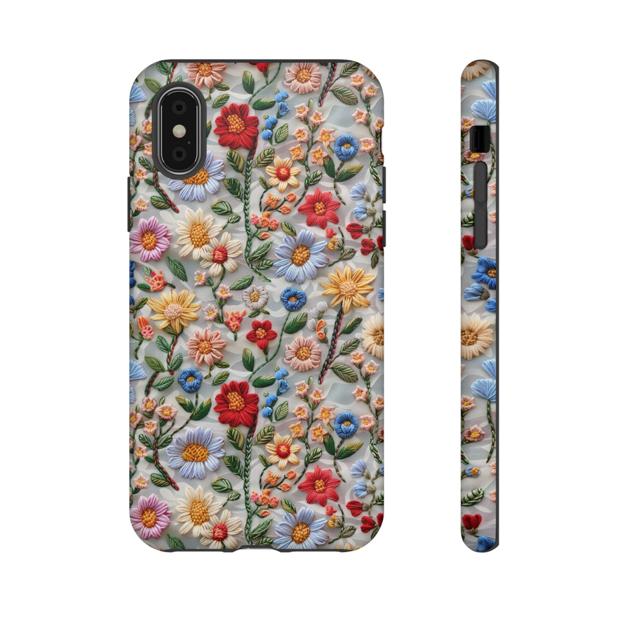 Floral Embroidered Pattern Tough iPhone Case — Colourful Daisy & Wildflower Design