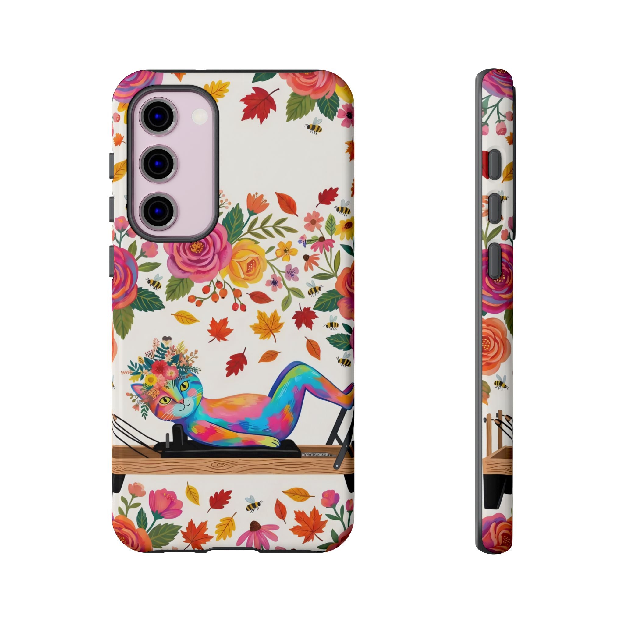 Autumn Floral Pilates Samsung Galaxy Phone Case | Colorful Rainbow Pilates Figure on Falling Leaves