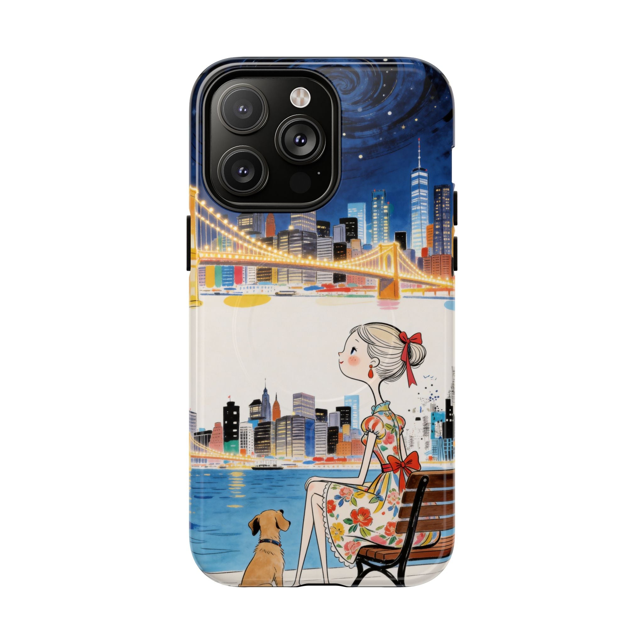 City Night MagSafe iPhone Case | Cute Girl & Dog Bench Illustration