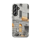 Custodia per Samsung Galaxy con stazione ferroviaria Cinque Terre | Schizzo in bianco e nero con accenti gialli caldi