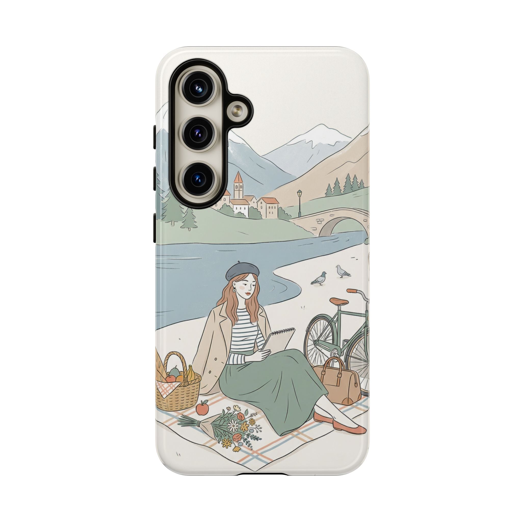Scenic Picnic Samsung Galaxy Phone Case | Vintage Bicycle & Mountain Illustration