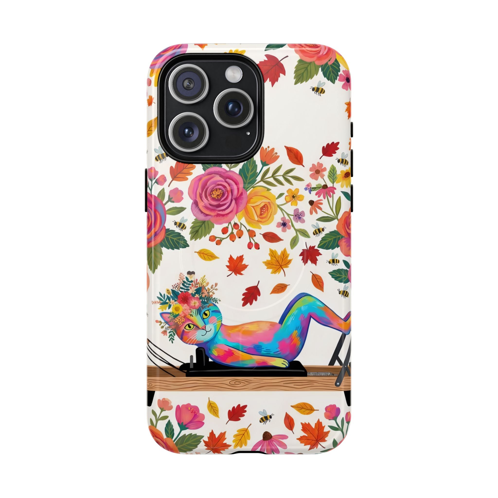 Autumn Floral Pilates MagSafe iPhone Case | Colorful Rainbow Pilates Cat on Falling Leaves