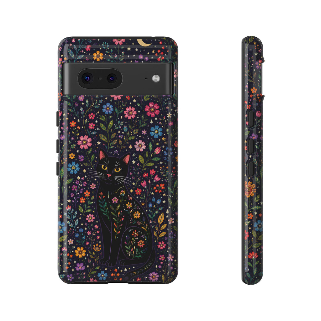 Celestial Black Cat Google Pixel Phone Case | Whimsigoth Floral