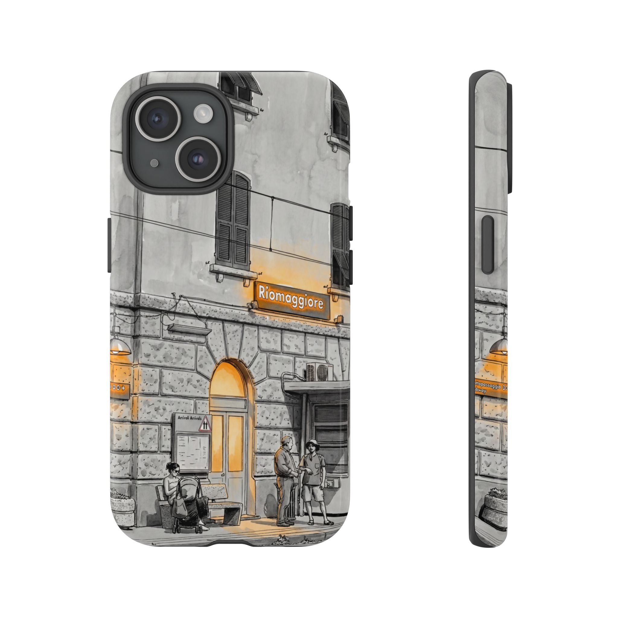 Cinque Terre Train Station iPhone Case | Black & White Sketch with Warm Yellow Accents