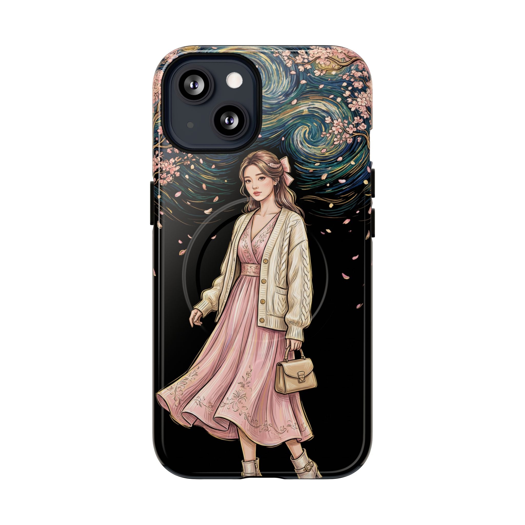 Floral Starry Night MagSafe iPhone Case | Elegant Girl in Pink Dress