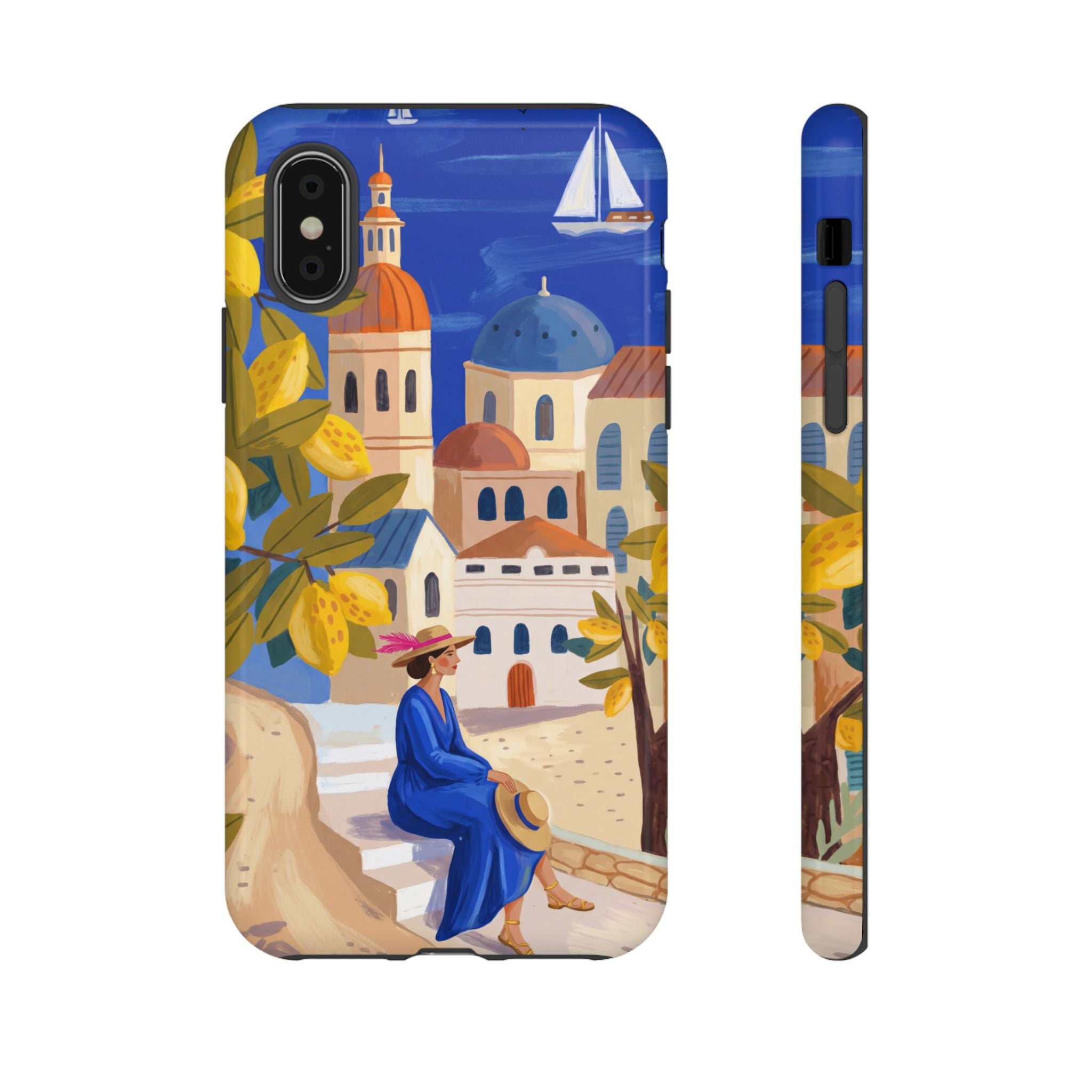Mediterranean Village iPhone Case | Scenic Sailboat & Lemon Grove Design