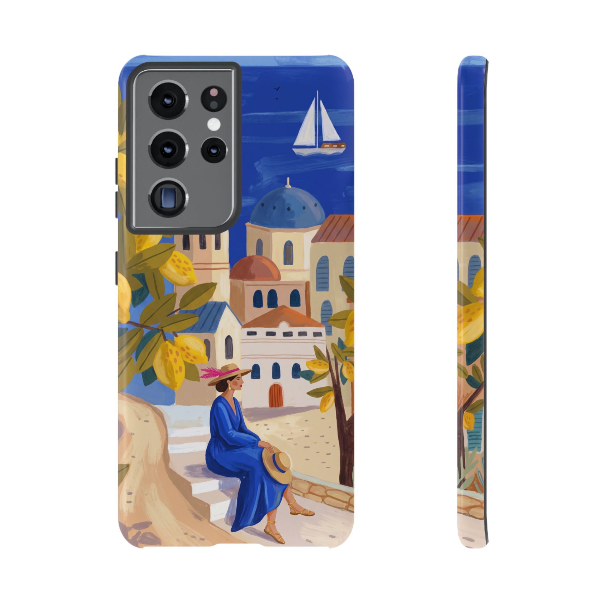 Mediterranean Village Samsung Galaxy Phone Case | Scenic Sailboat & Lemon Grove Design