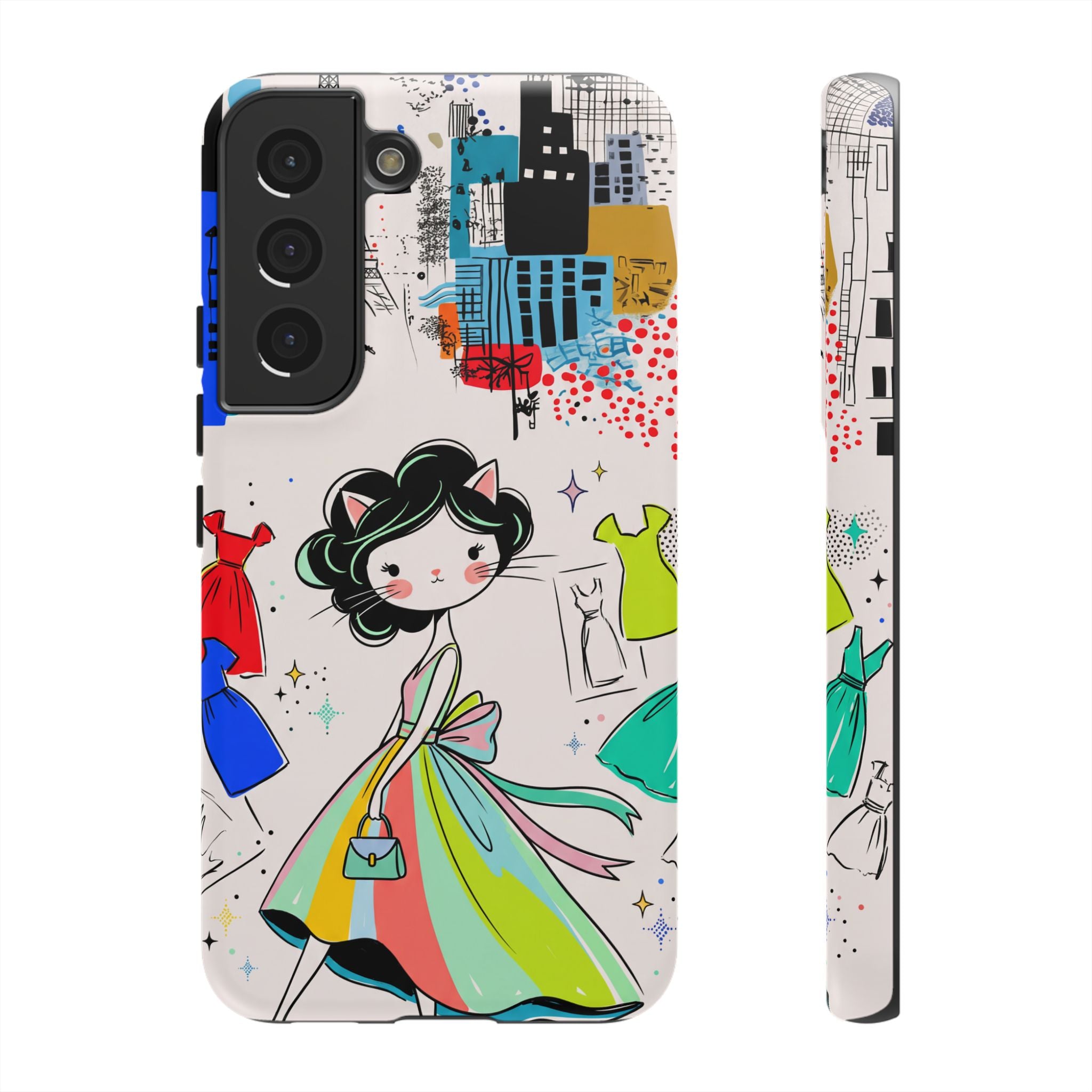 Retro Fashion Cat Girl Samsung Galaxy Phone Case | Cute Dress & City Print