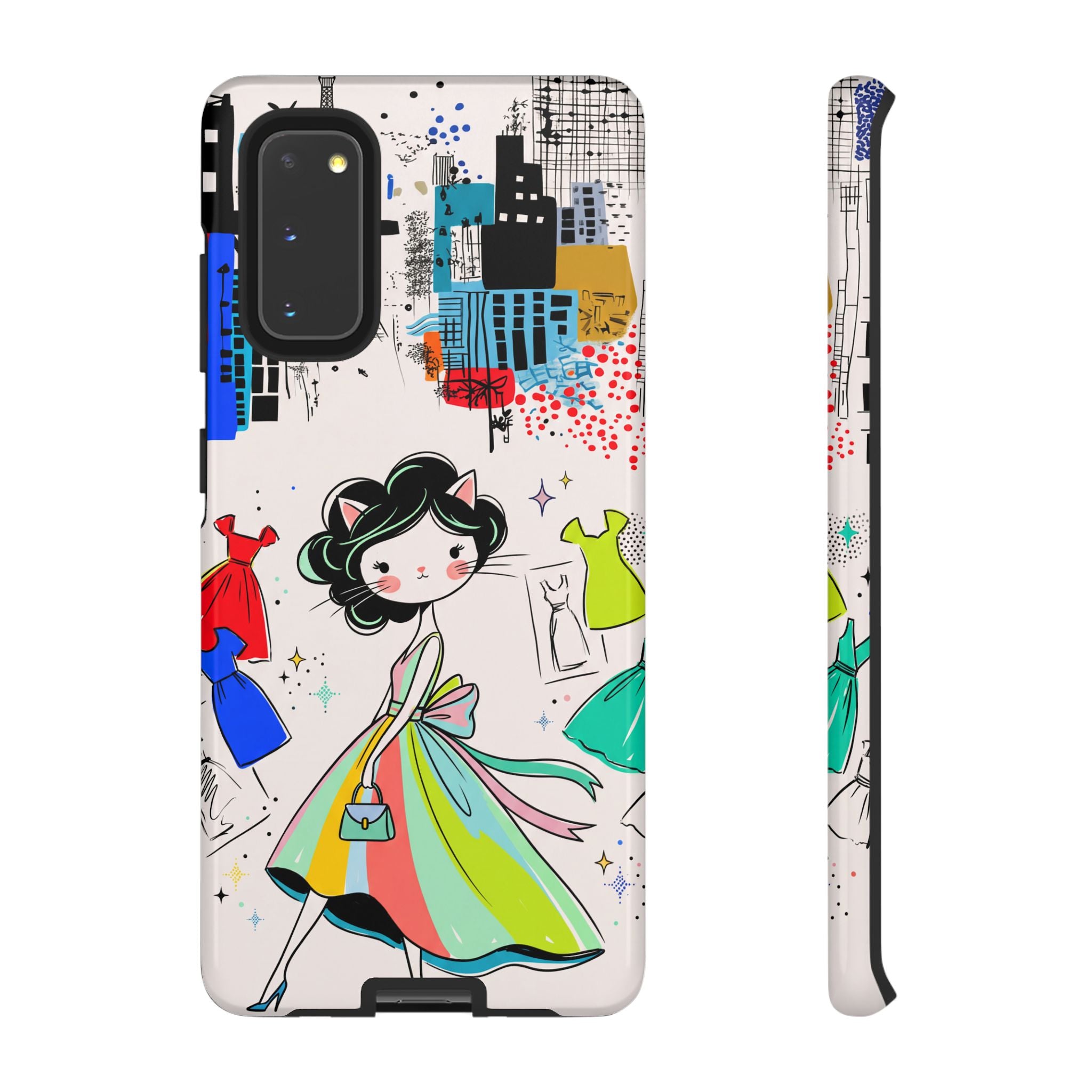 Retro Fashion Cat Girl Samsung Galaxy Phone Case | Cute Dress & City Print
