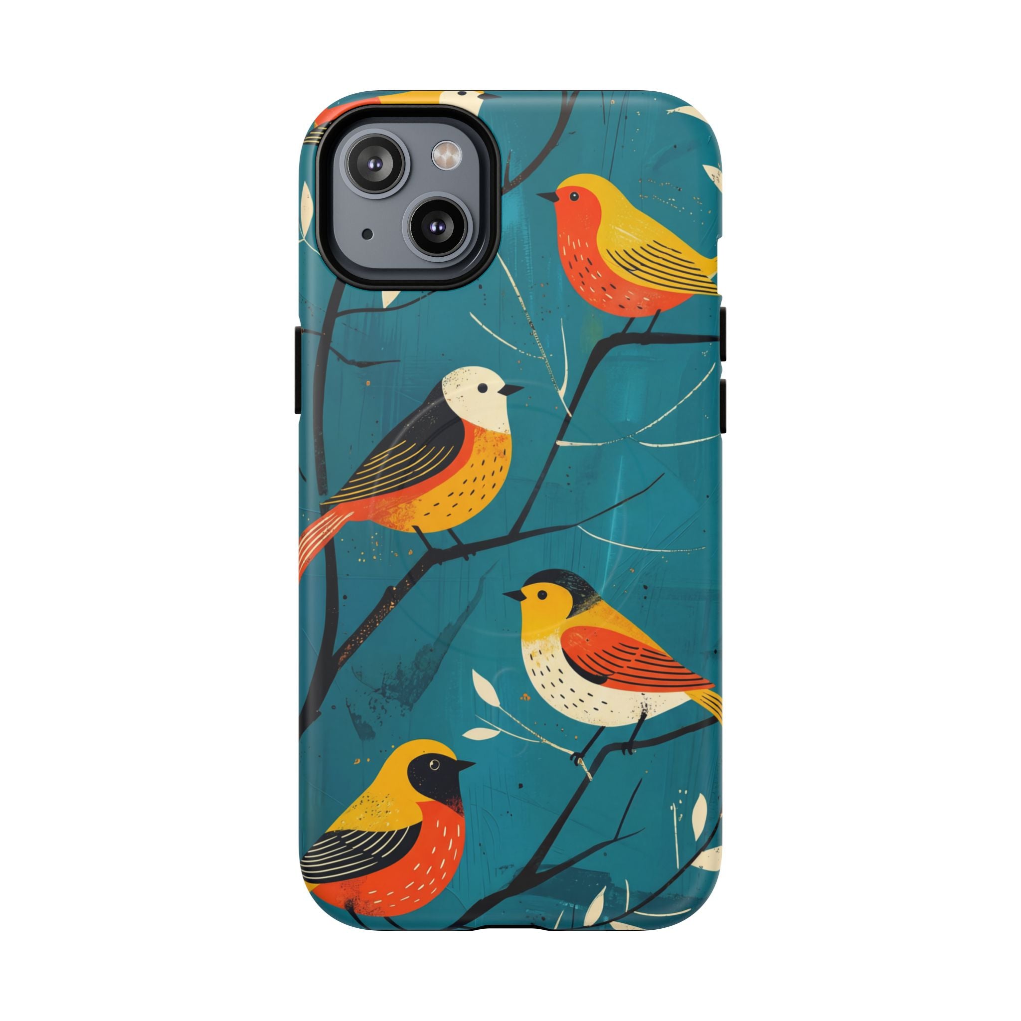 Bird Pattern Tough MagSafe iPhone Case | Colourful Songbirds on Teal Background