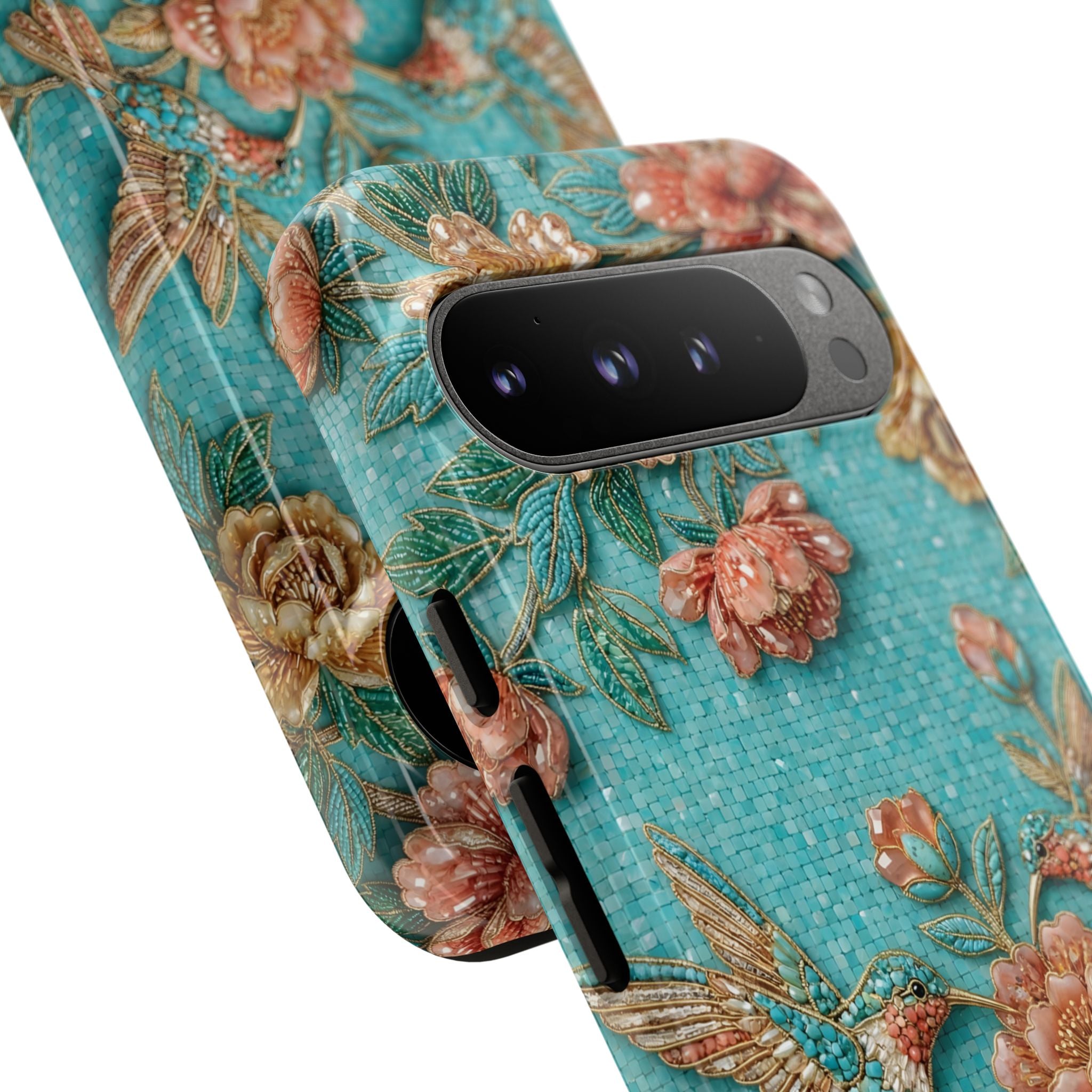 Floral Hummingbird Tough Google Pixel Phone Case | Turquoise Embroidered Garden Design