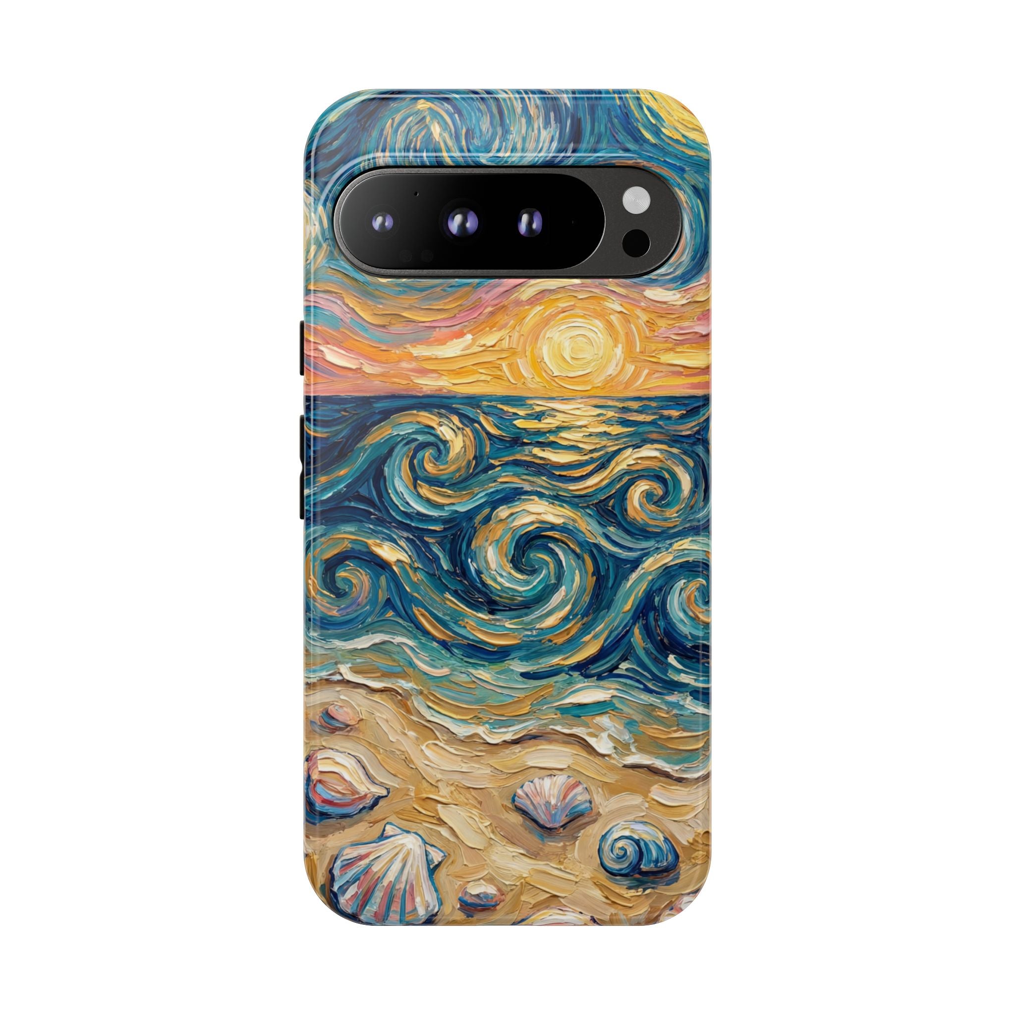 Sea Sunset Google Pixel Case — Van Gogh‑Style Beach Waves with Shells