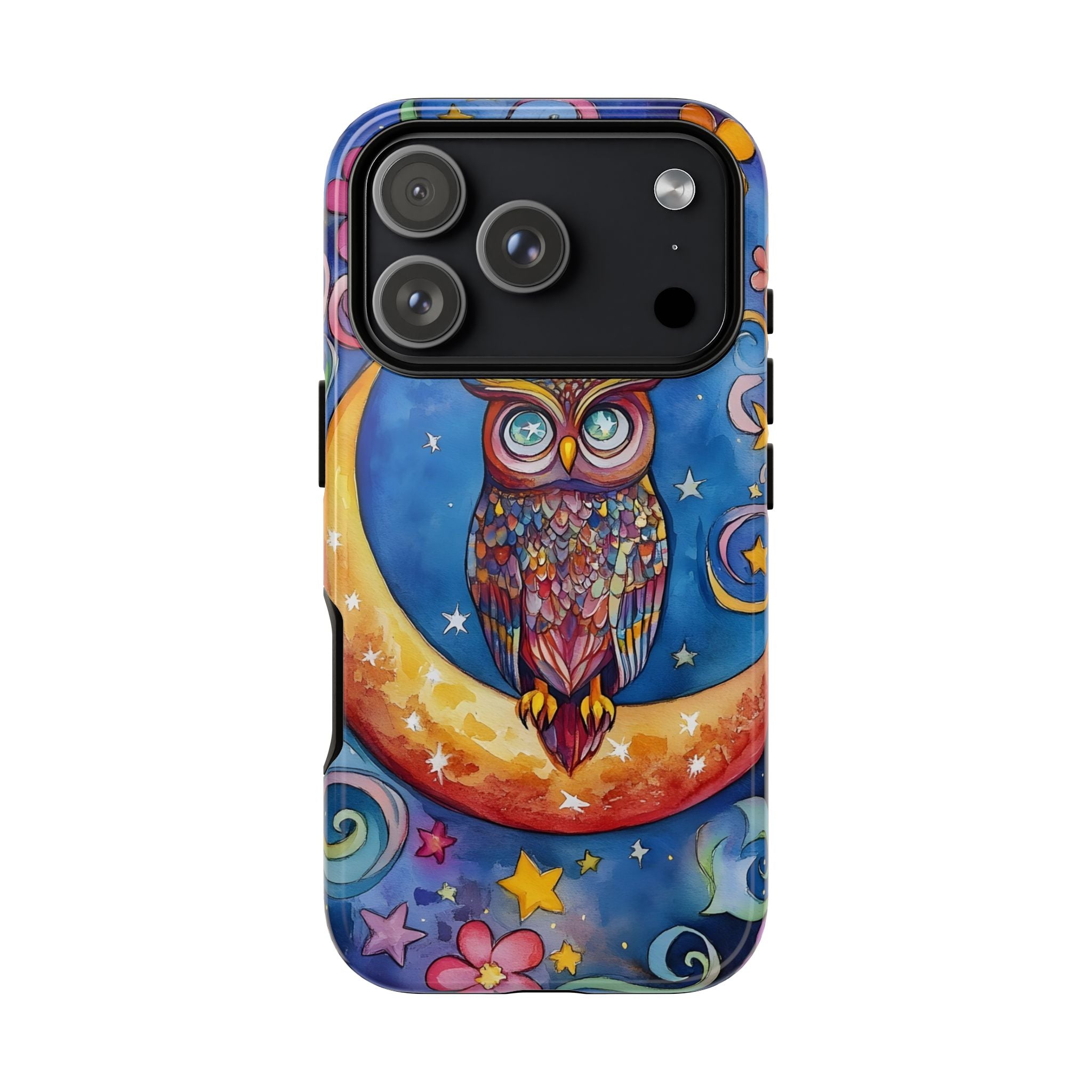 Owl on Crescent Moon iPhone Case — Colourful Whimsical Night Sky Design