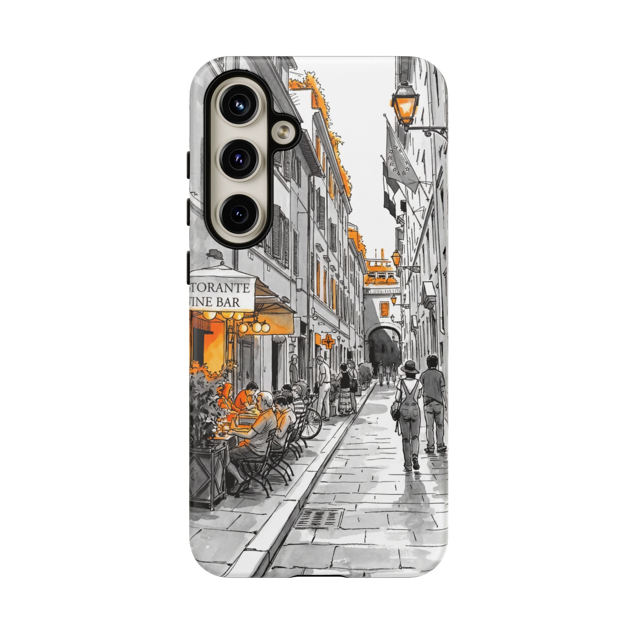 Italy Street Samsung Galaxy Case | Black & White Cityscape with Orange Accents
