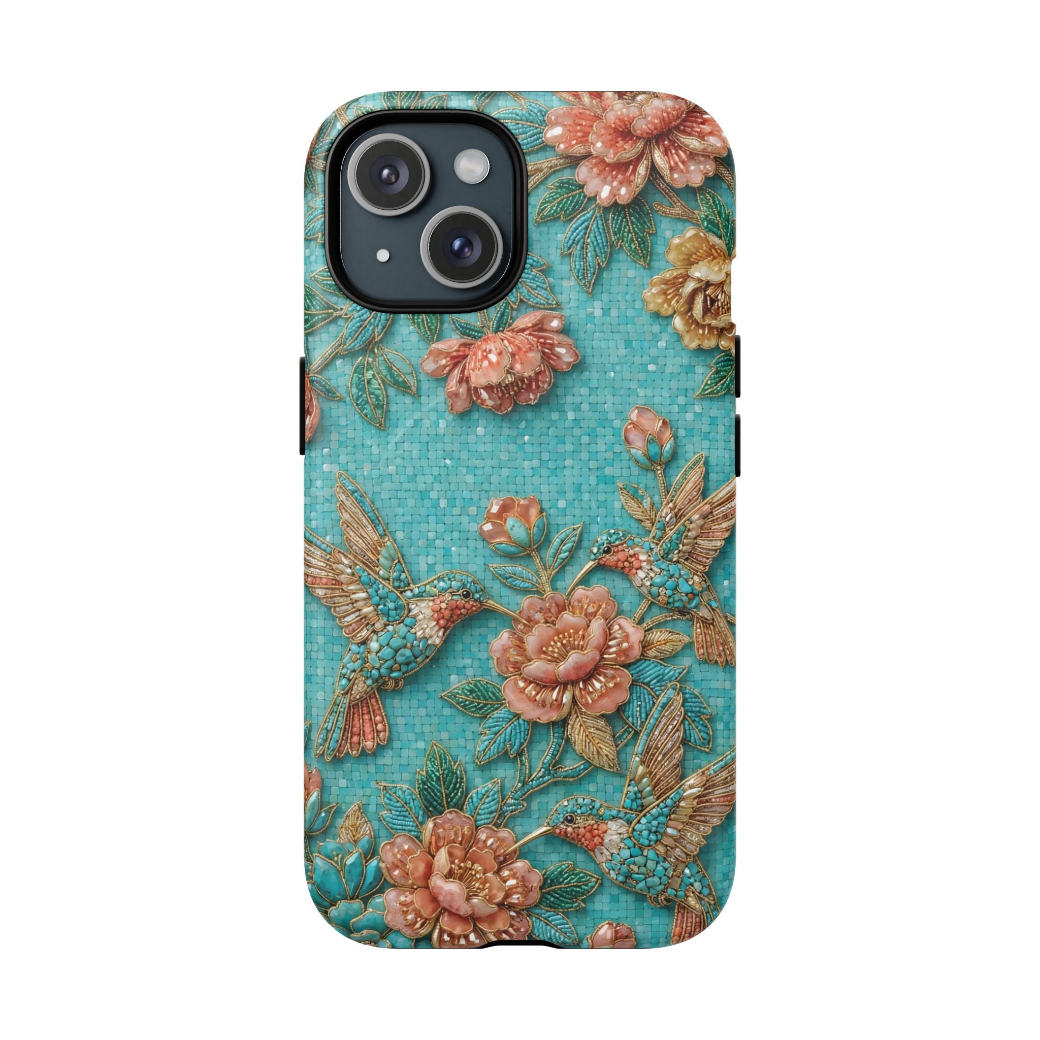 Floral Hummingbird Tough MagSafe iPhone Case | Turquoise Embroidered Garden Design