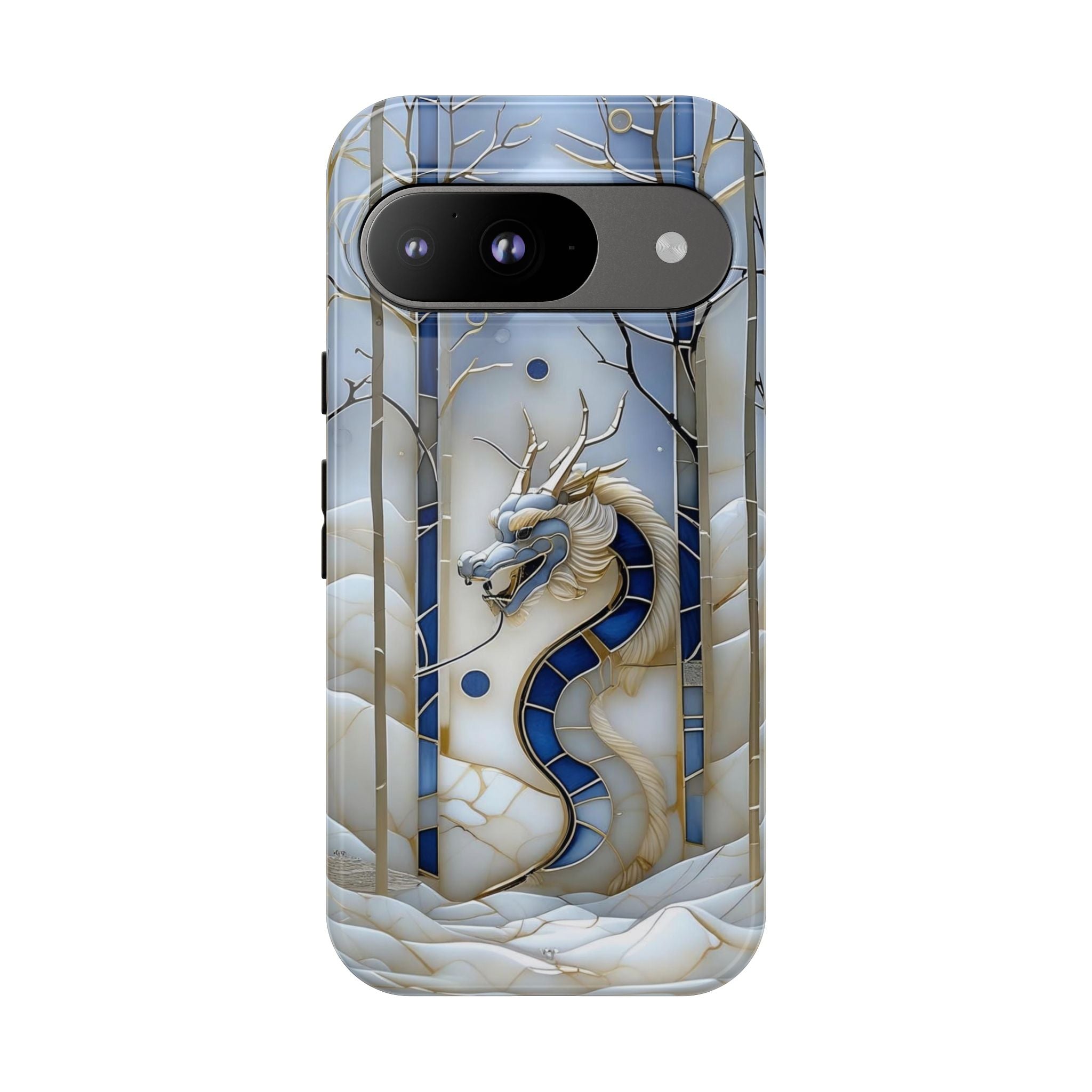 Dragon Stained Glass Google Pixel Case — Blue Winter Forest Protective Cover