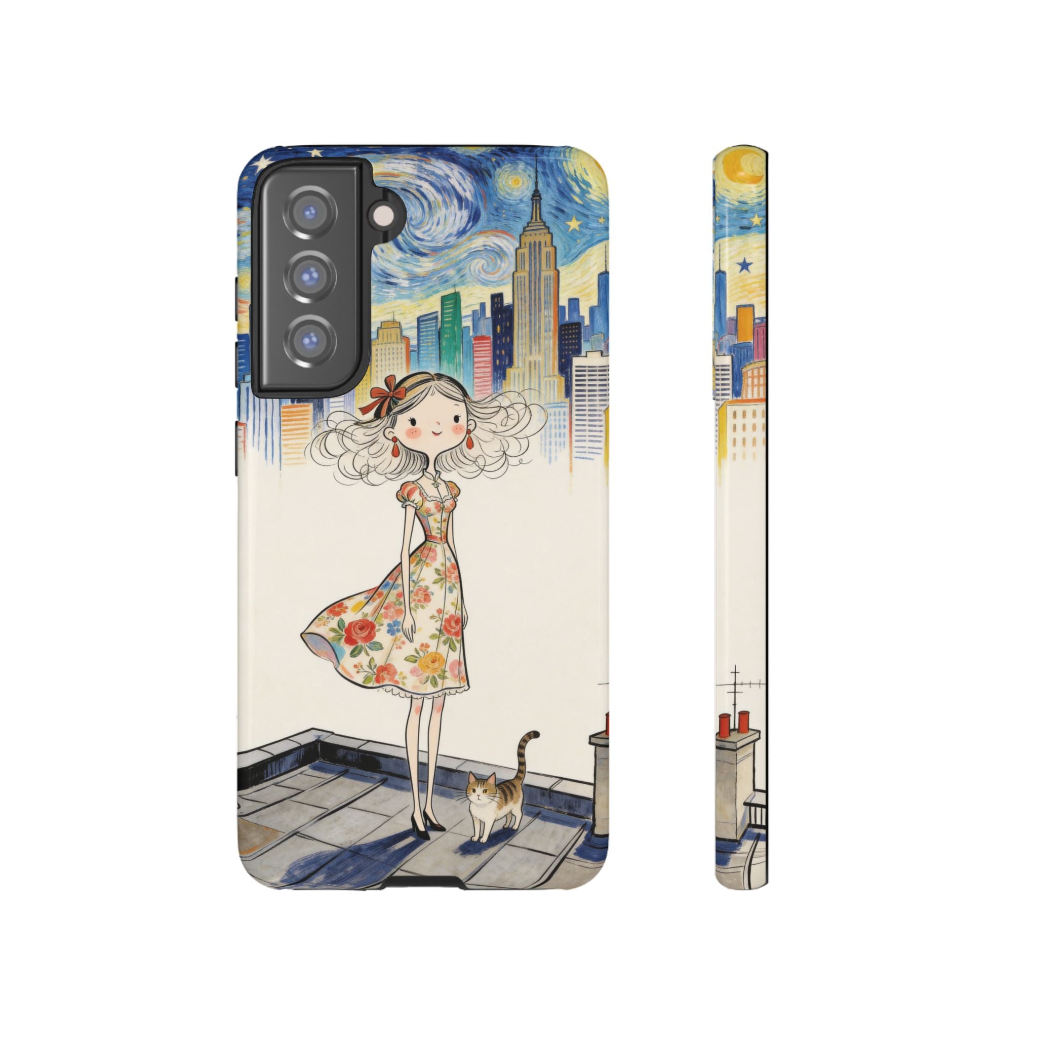 Artistic Girl Cityscape Samsung Galaxy Phone Case | Cute Floral Dress Rooftop Design