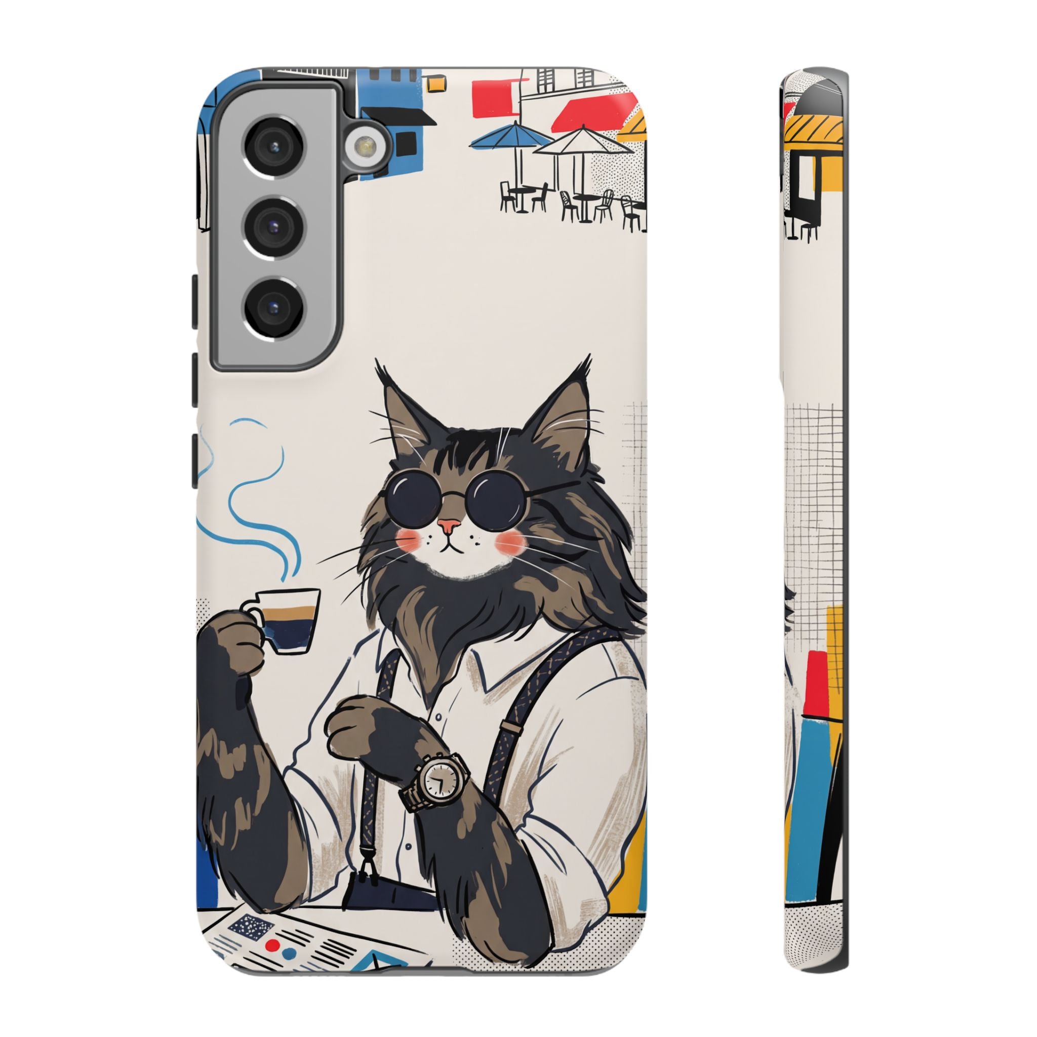 Cat Barista Samsung Galaxy Phone Case | Cool Cat in Sunglasses Coffee Shop Design