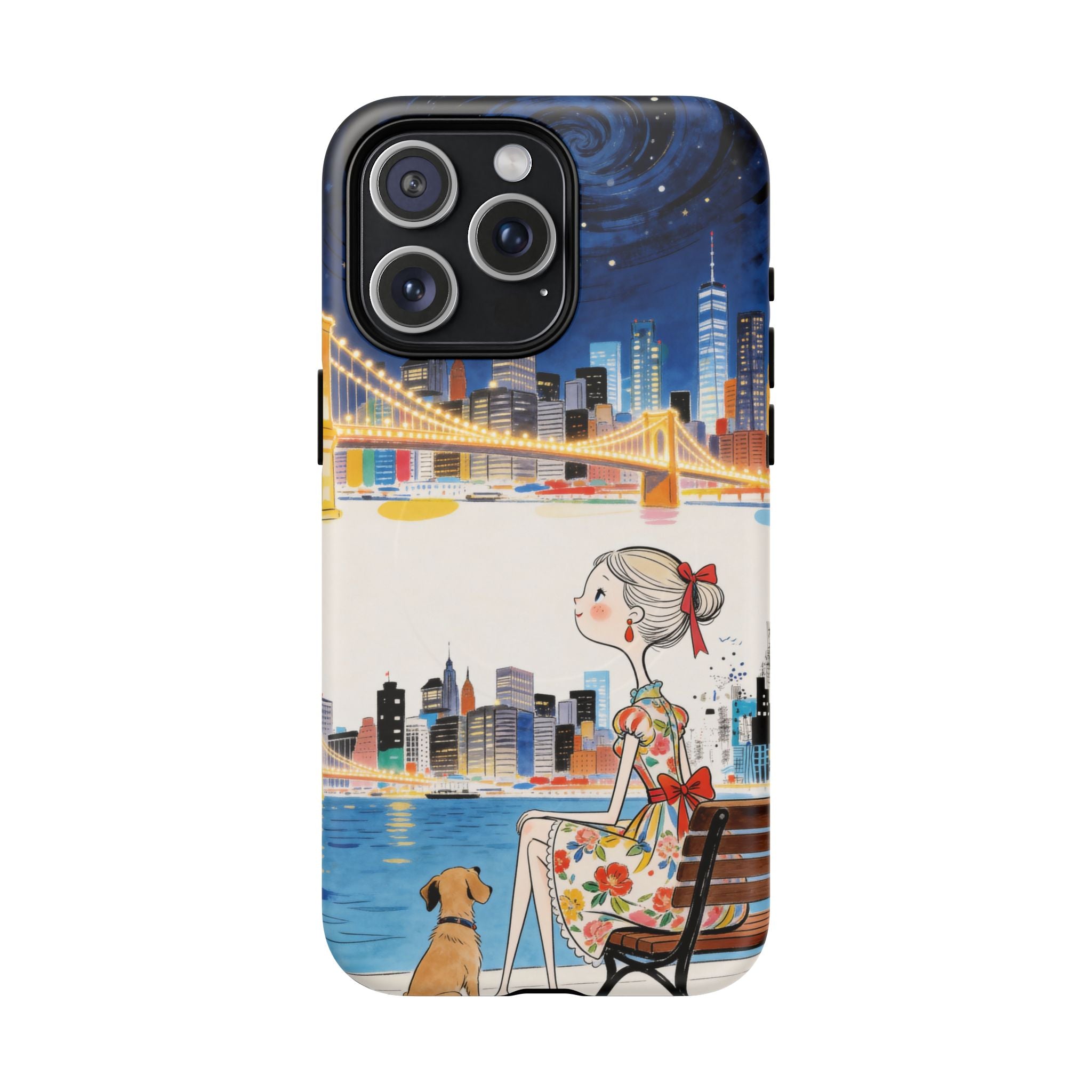 City Night MagSafe iPhone Case | Cute Girl & Dog Bench Illustration