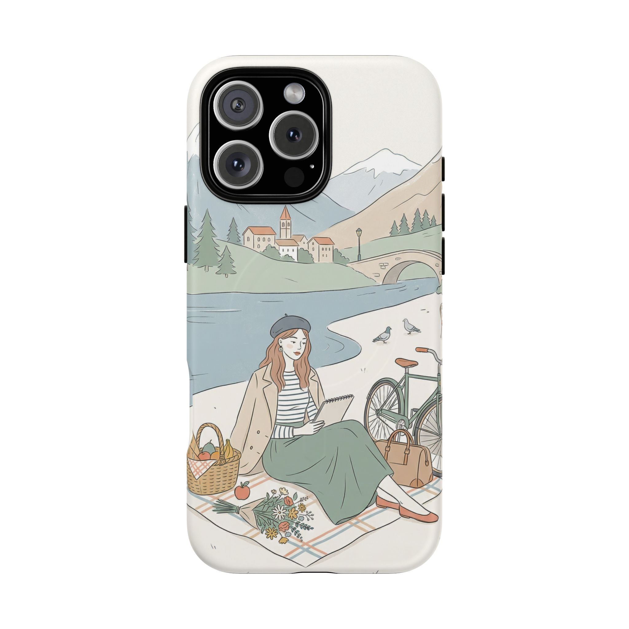 Scenic Picnic MagSafe iPhone Case | Vintage Bicycle & Mountain Illustration