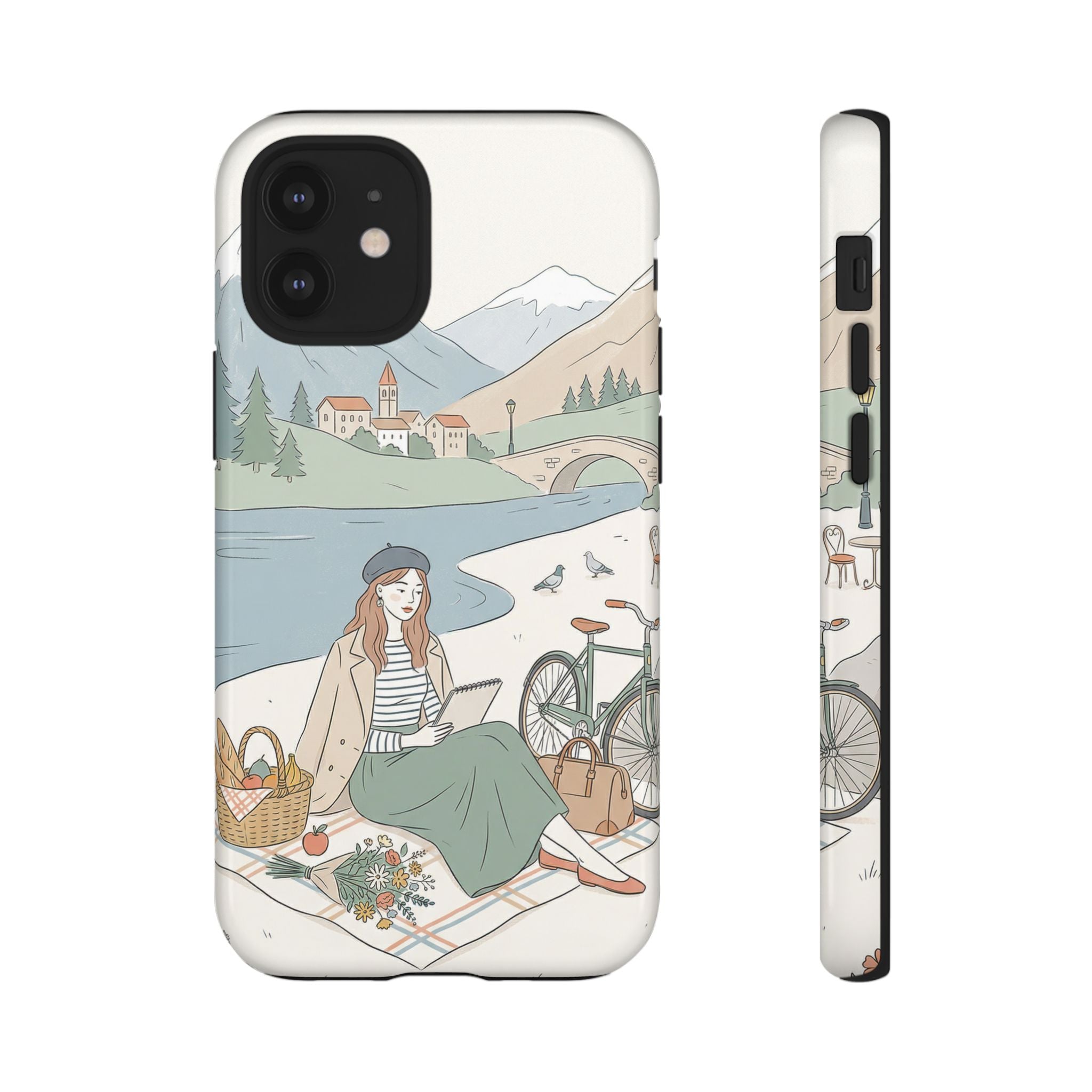 Scenic Picnic iPhone Case | Vintage Bicycle & Mountain Illustration