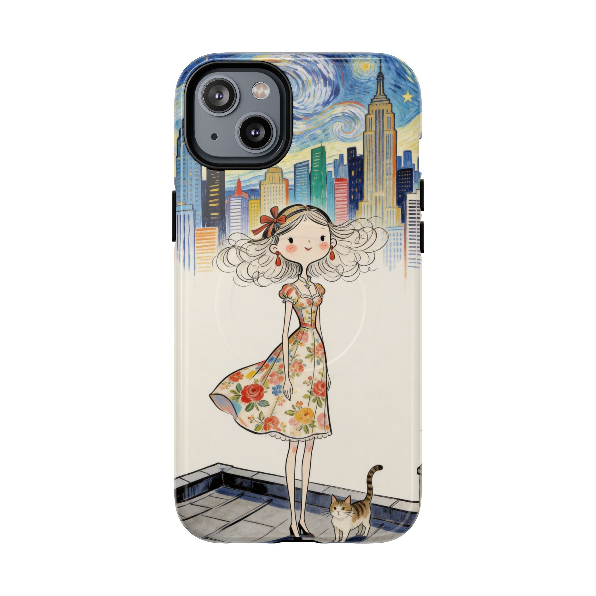 Artistic Girl Cityscape MagSafe iPhone Case | Cute Floral Dress Rooftop Design