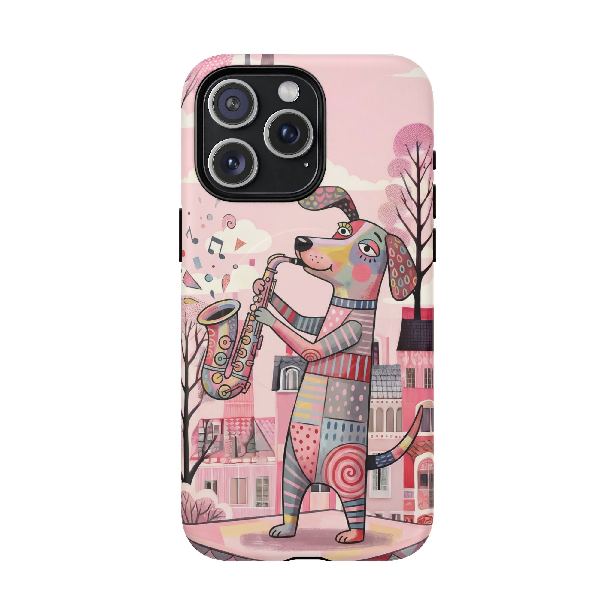 Saxophone Dog MagSafe iPhone Case | Cute Pink Musical Art Protective Case