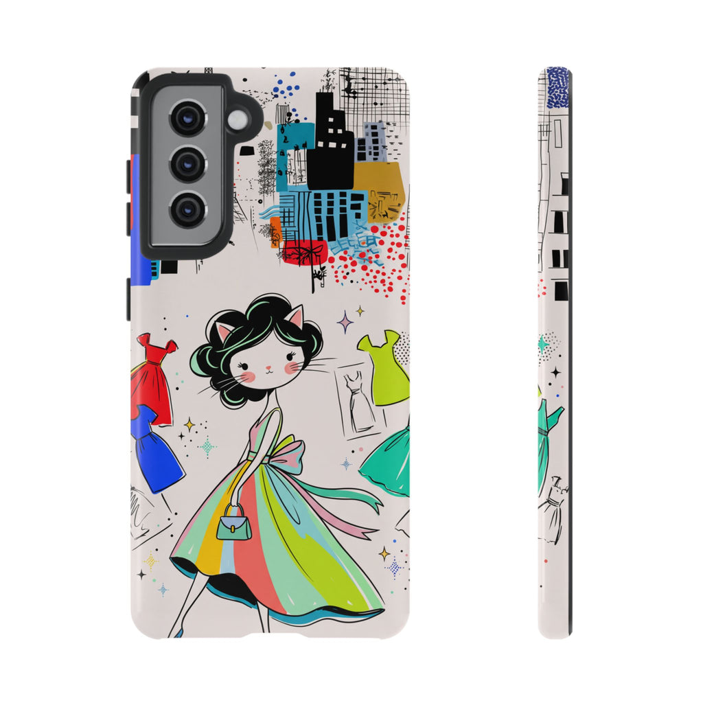 Retro Fashion Cat Girl Samsung Galaxy Phone Case | Cute Dress & City Print