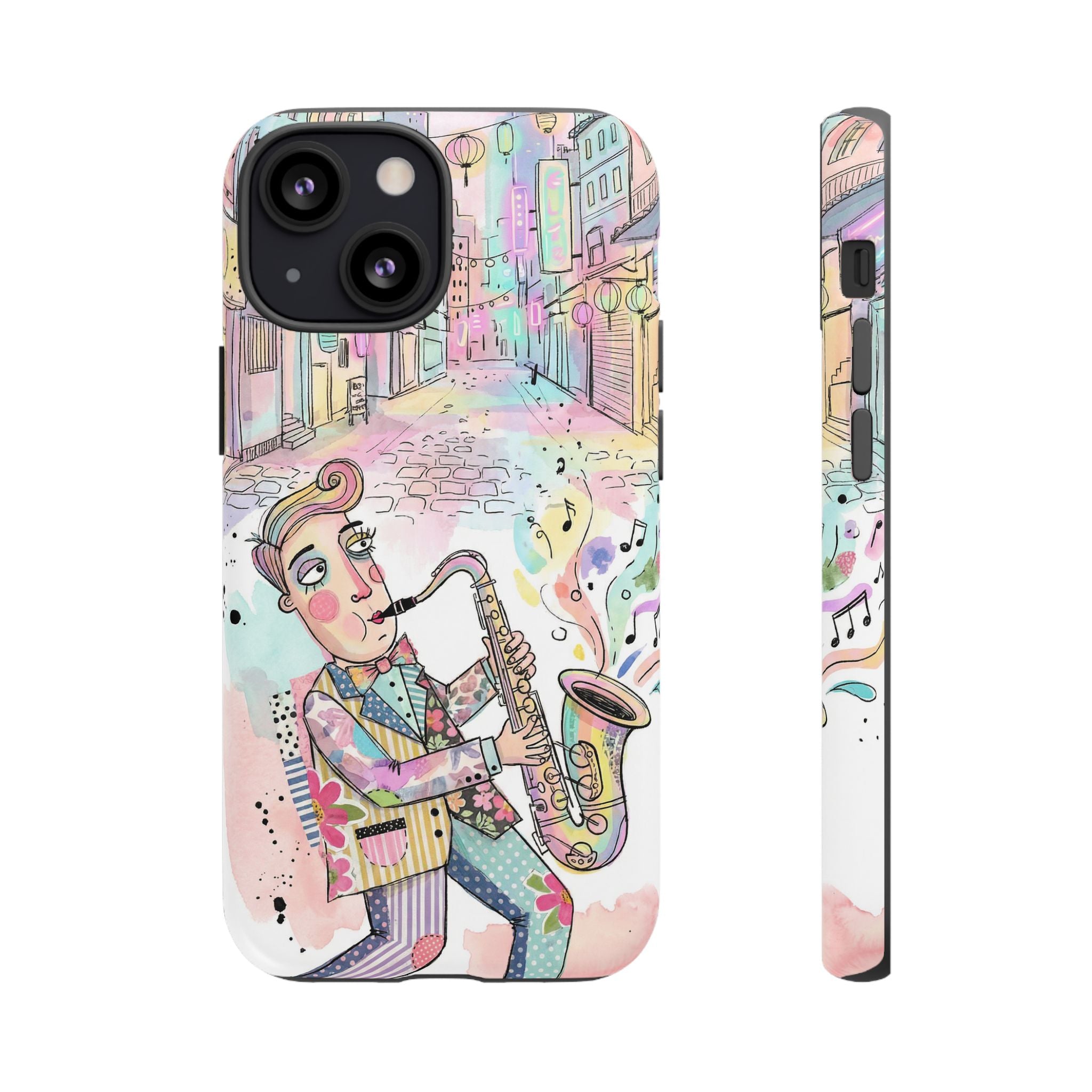 Sax Player Art iPhone Case | Pastel Jazz Street Illustration