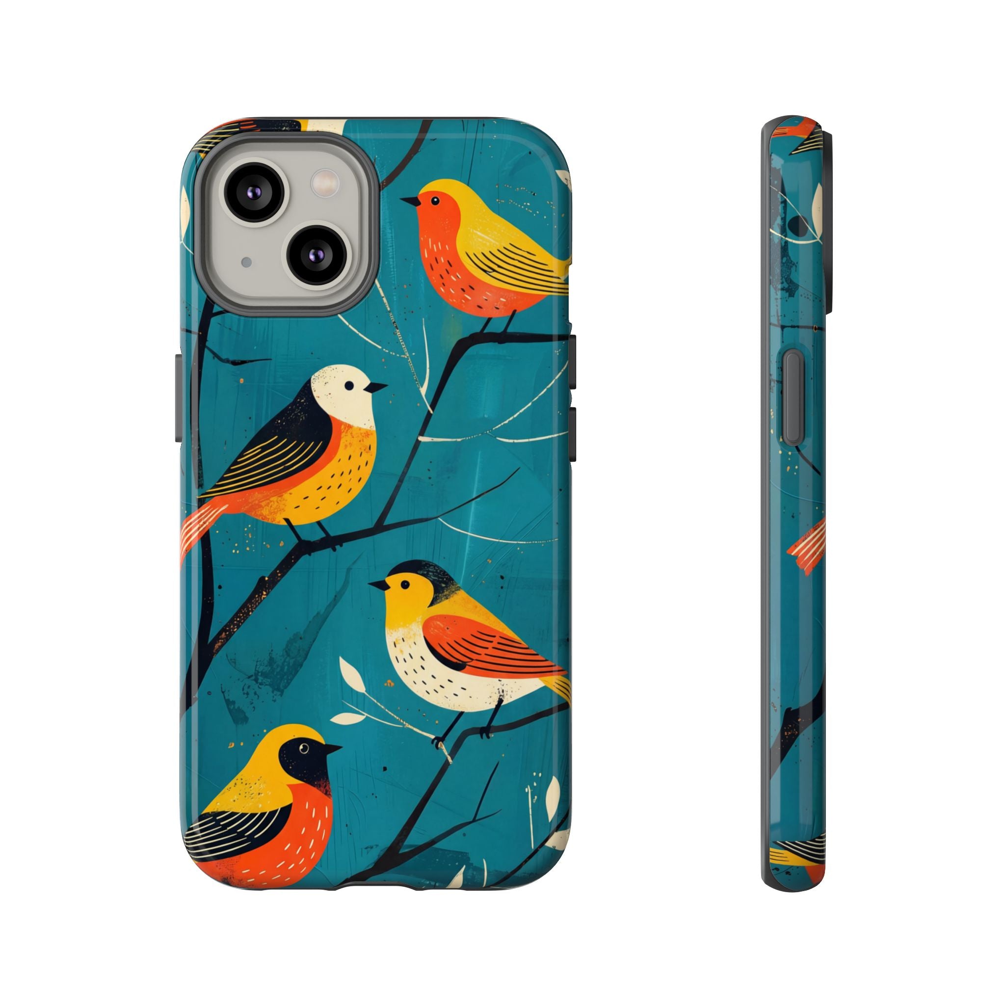 Bird Pattern Tough iPhone Case | Colourful Songbirds on Teal Background