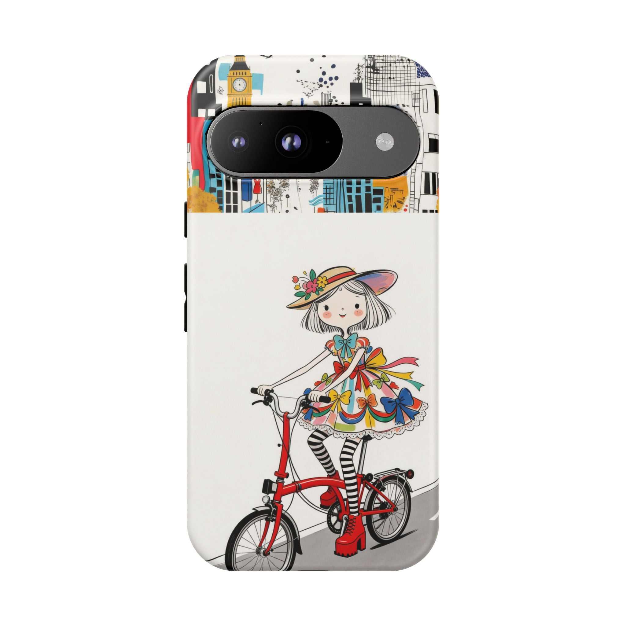 Whimsical Girl on Brompton Bicycle Urban Illustration Google Pixel Phone Case