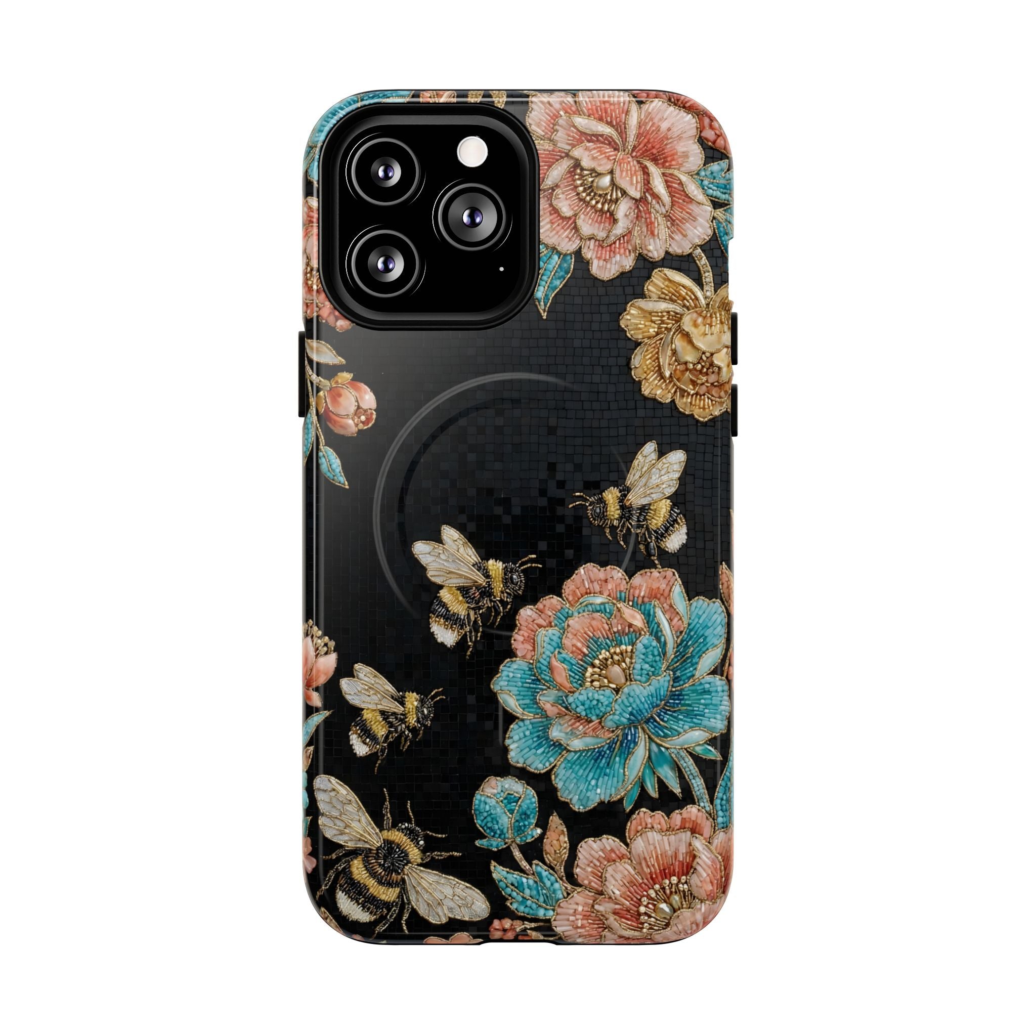 Floral Bees Tough MagSafe iPhone Case | Vintage Rose & Bumblebee Protective Cover