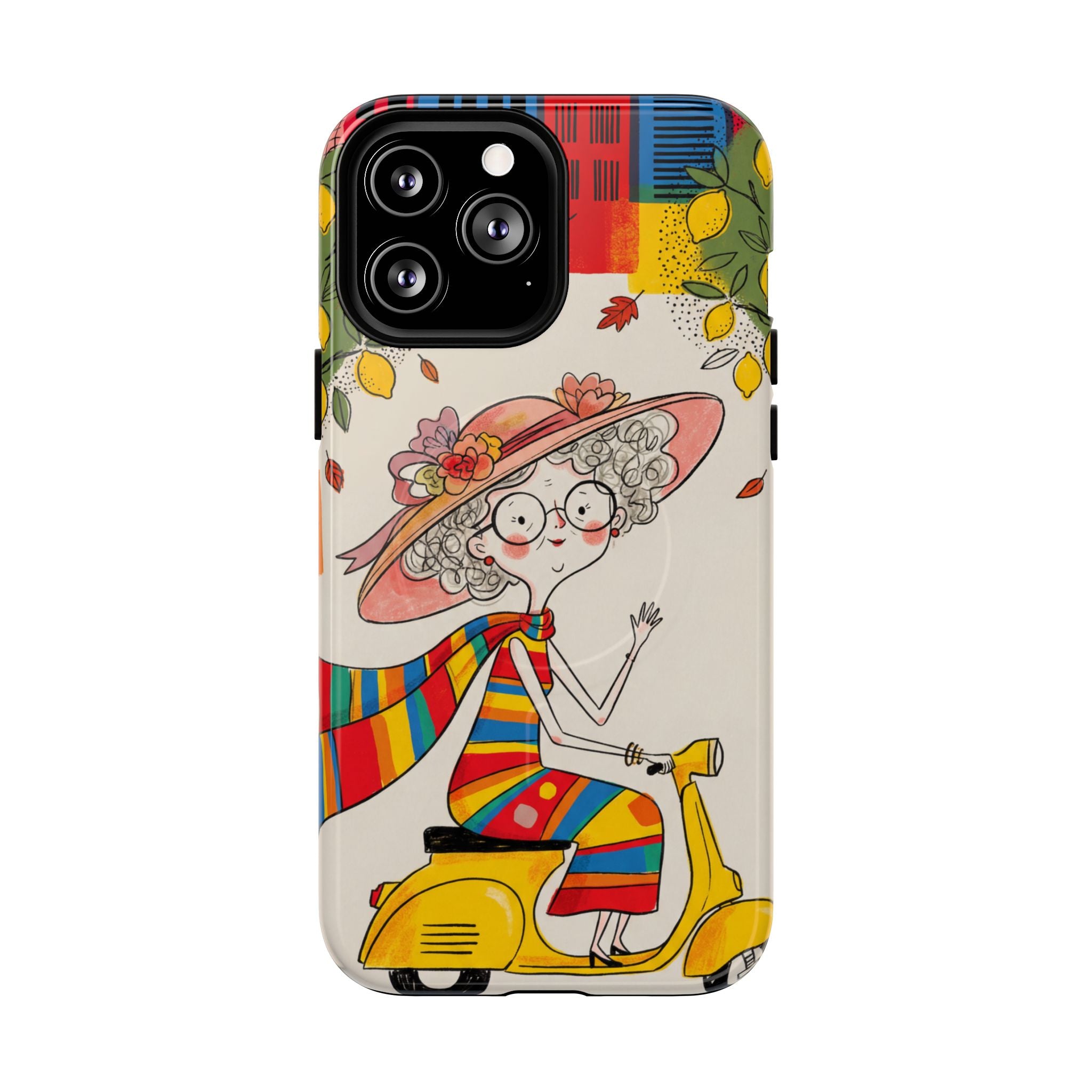 Vintage Scooter Granny MagSafe iPhone Case | Colourful Retro Elderly Lady Design