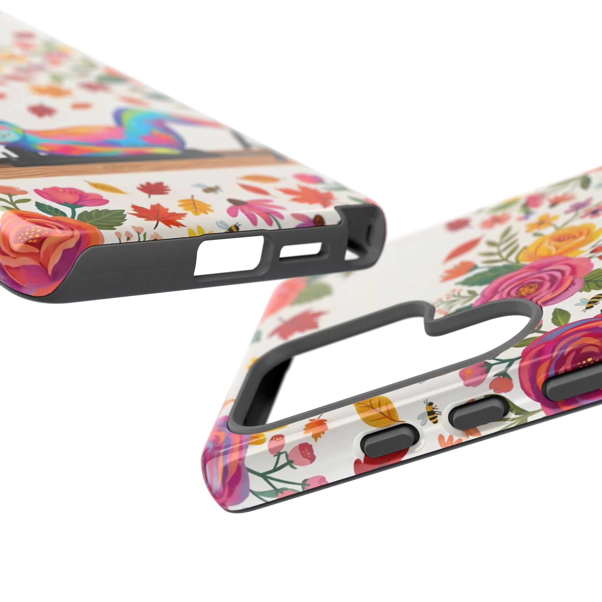 Autumn Floral Pilates Samsung Galaxy Phone Case | Colorful Rainbow Pilates Figure on Falling Leaves