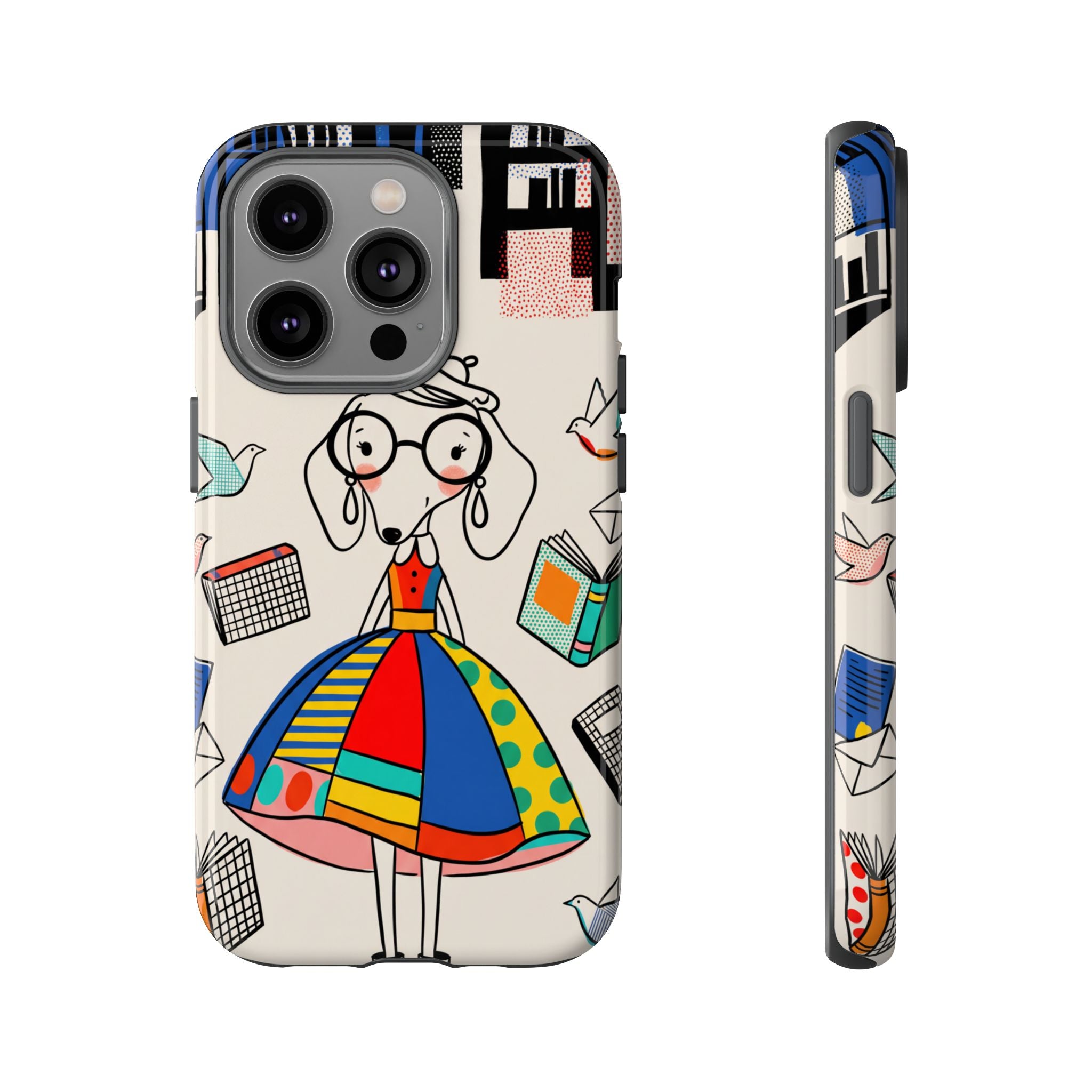 Cute Dachshund Dog Illustration iPhone Case | Colorful Whimsical Book & Bird Design