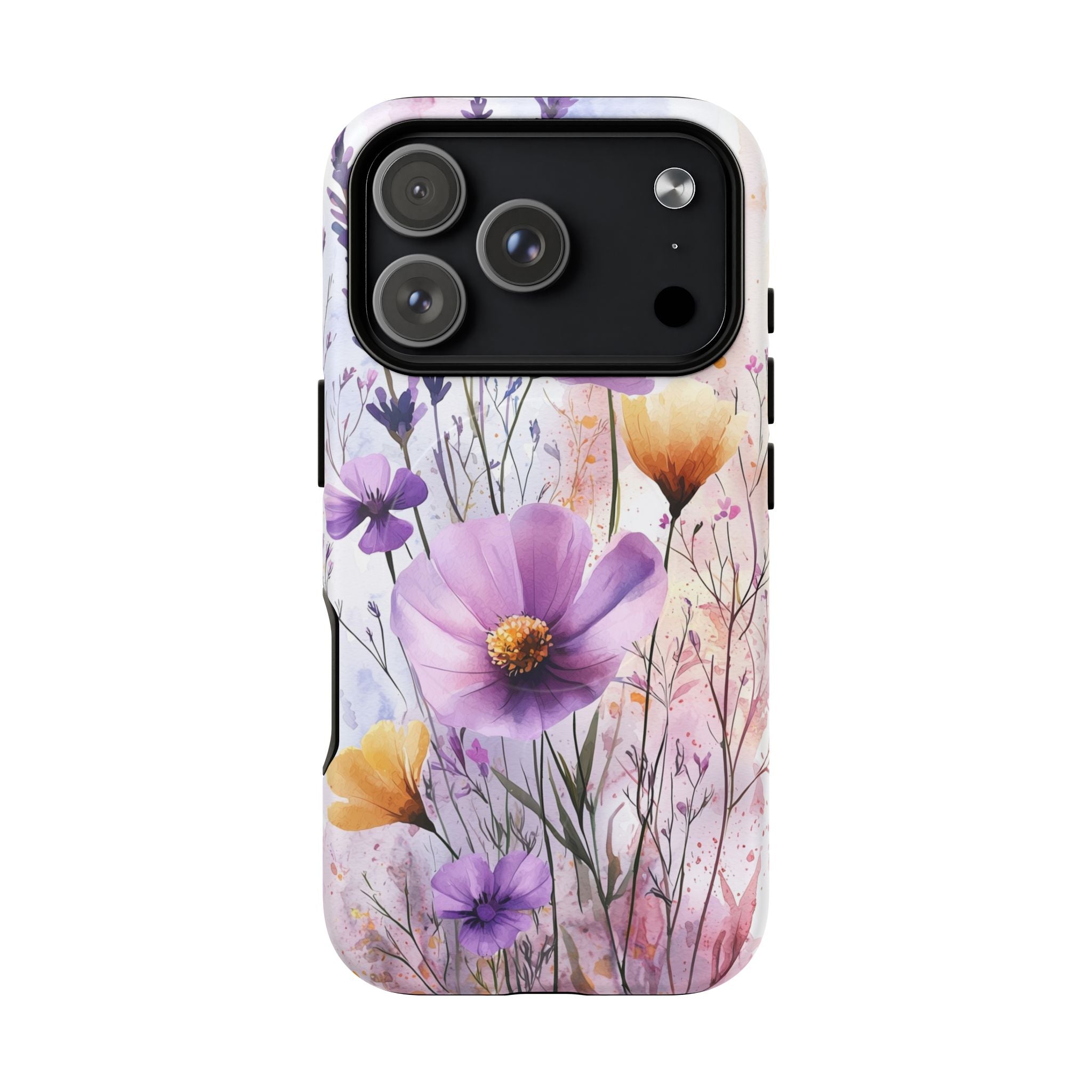 Custodia MagSafe resistente per iPhone con motivo acquerello floreale | Fiori di campo viola e gialli