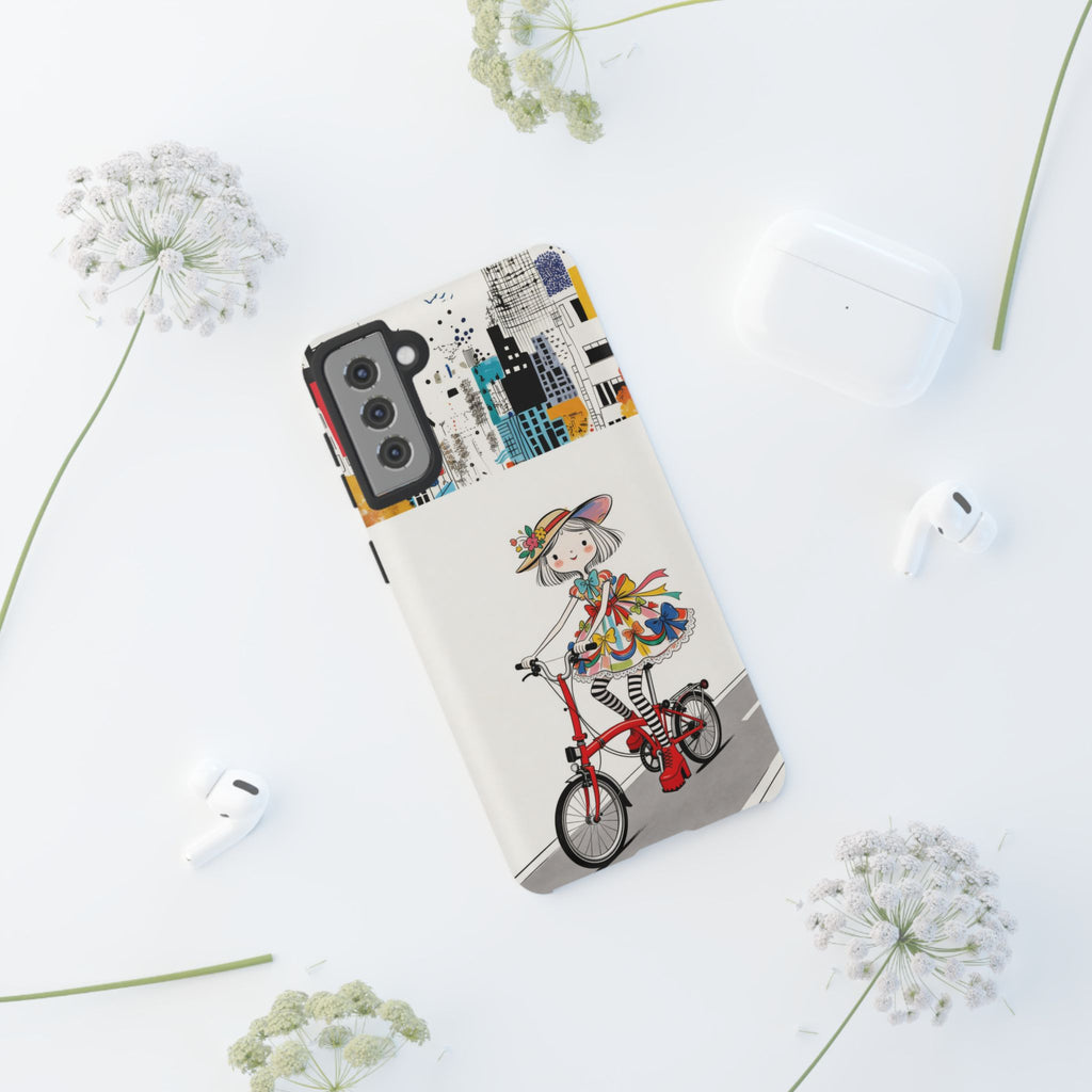 Whimsical Girl on Brompton Bicycle Urban Illustration Samsung Galaxy Phone Case