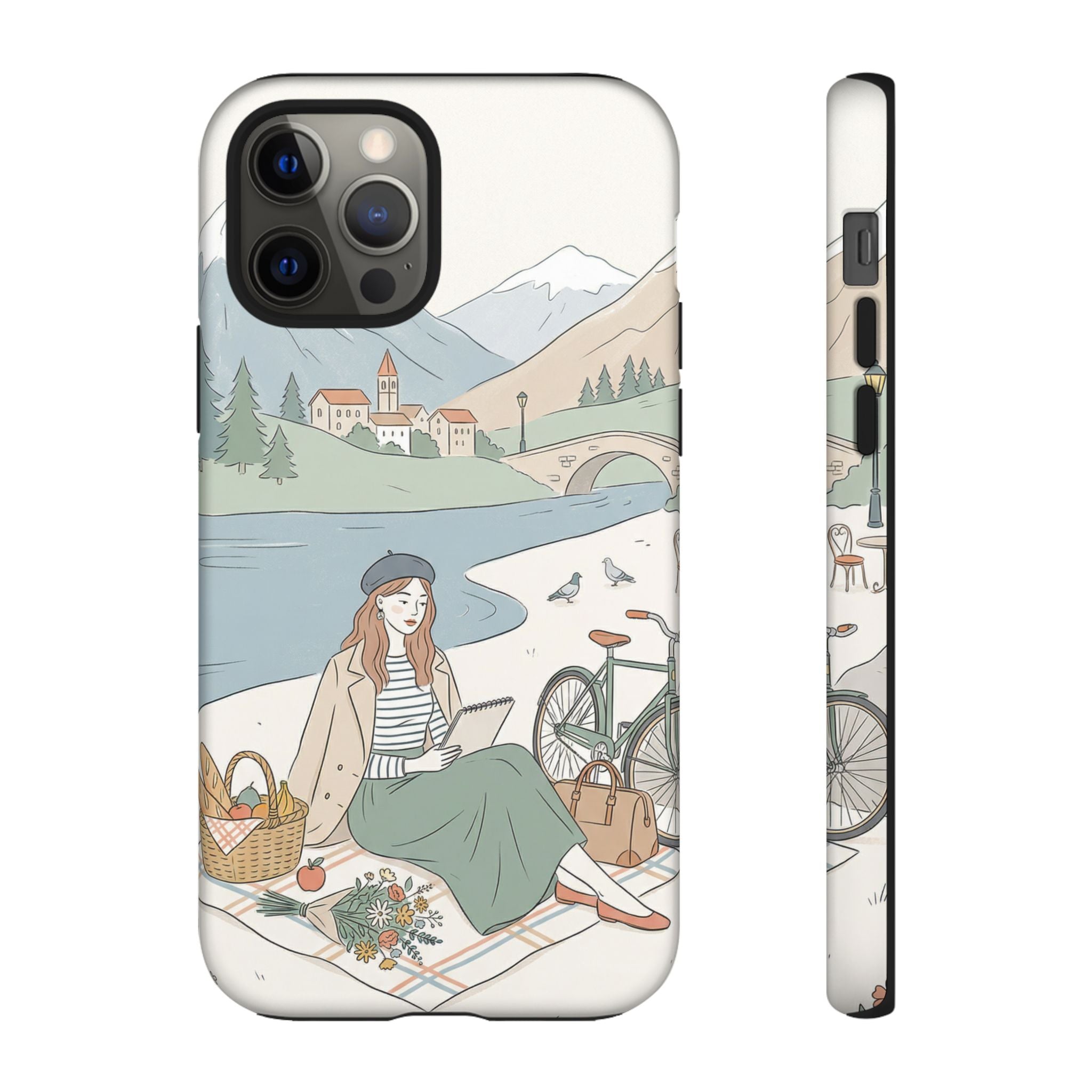Scenic Picnic iPhone Case | Vintage Bicycle & Mountain Illustration