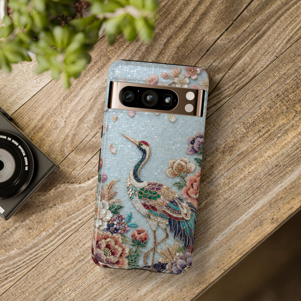 Custodia Resistente per Google Pixel Gru Floreale | Protezione Vintage con Uccello Ricamato