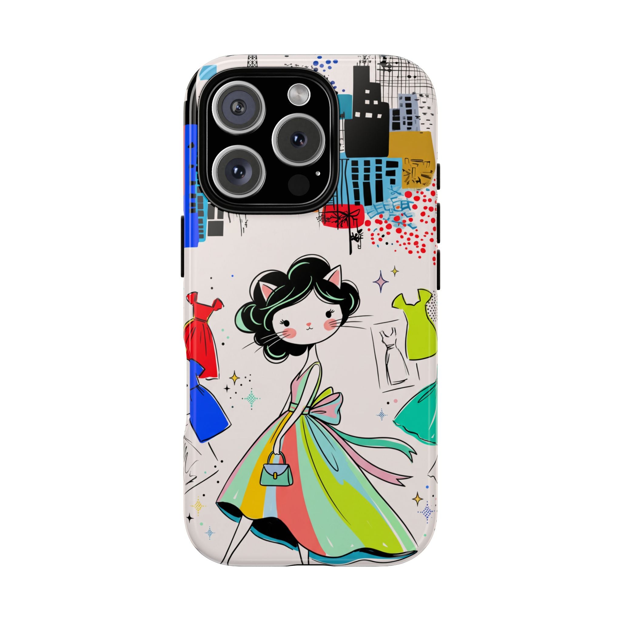 Retro Fashion Cat Girl iPhone Case | Cute Dress & City Print