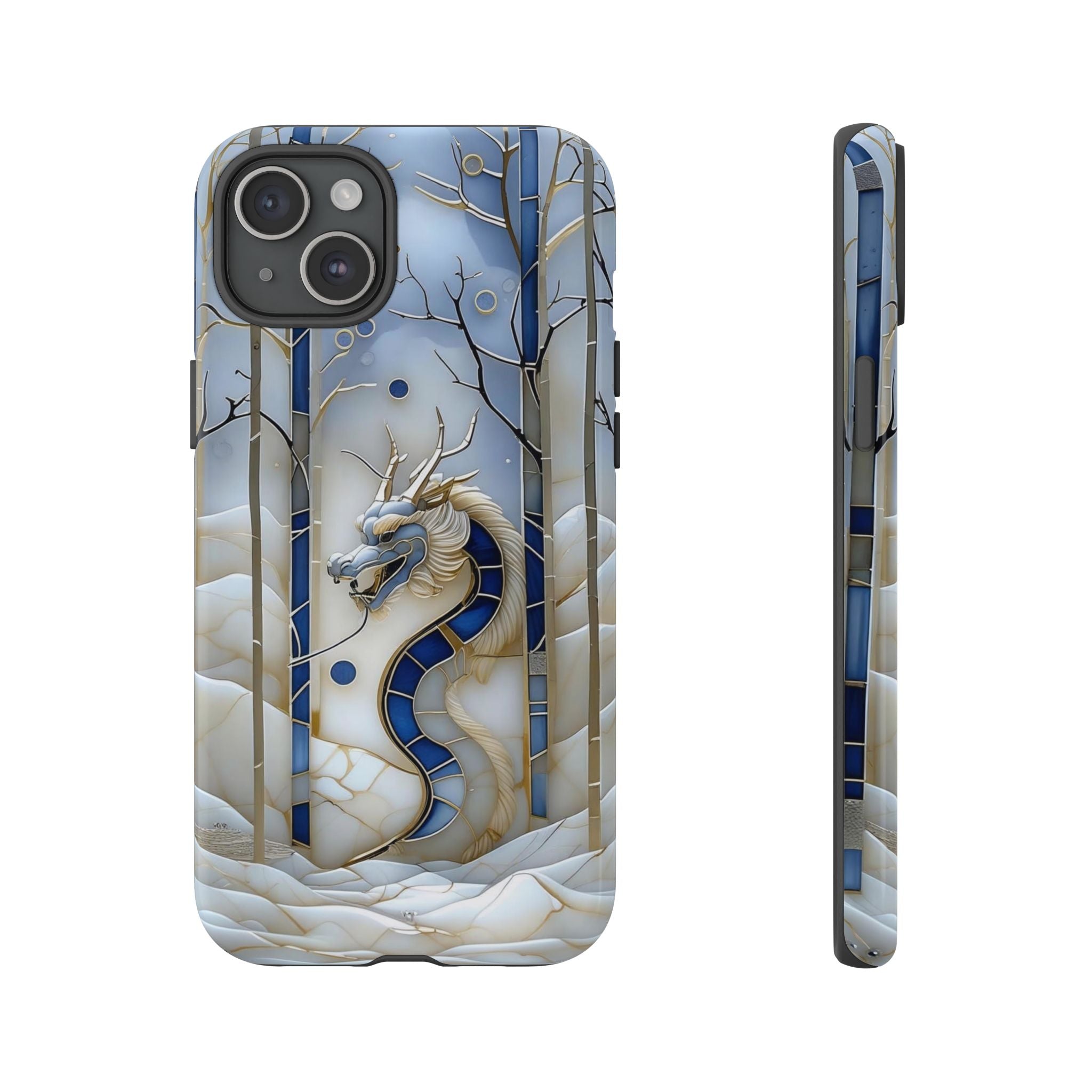 Dragon Stained Glass iPhone Case — Blue Winter Forest Protective Cover