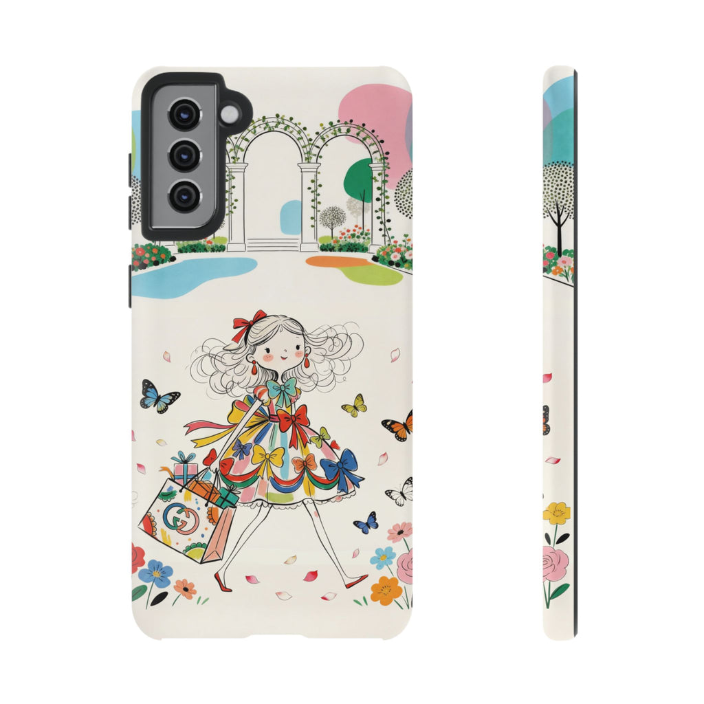 Whimsical Shopping Girl Samsung Galaxy Phone Case | Cute Floral Butterfly Tough Case