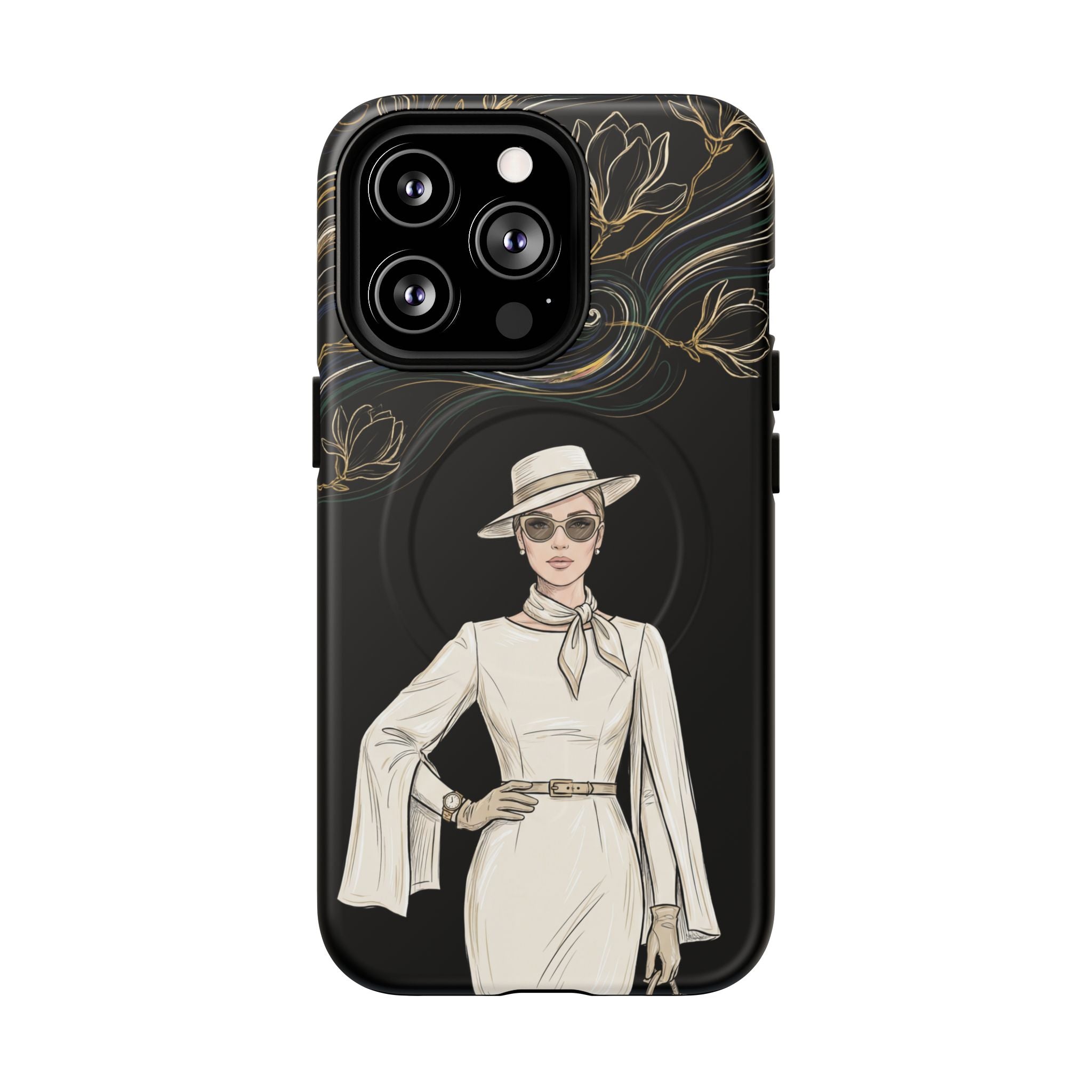 MagSafe iPhone Case | Elegant Vintage Lady with Gold Floral Swirls